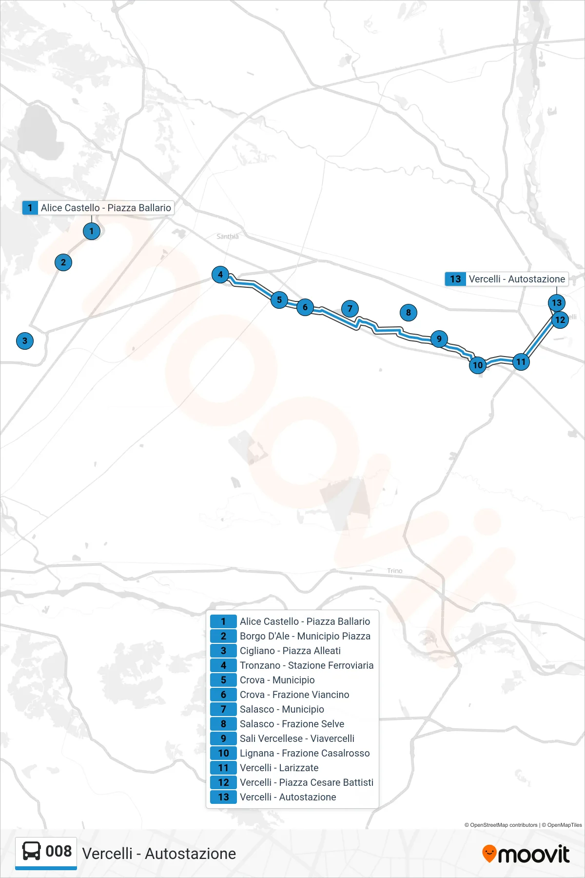Linea 008  bus (Vercelli - Autostazione) - Percorsi e fermate sulla mappa