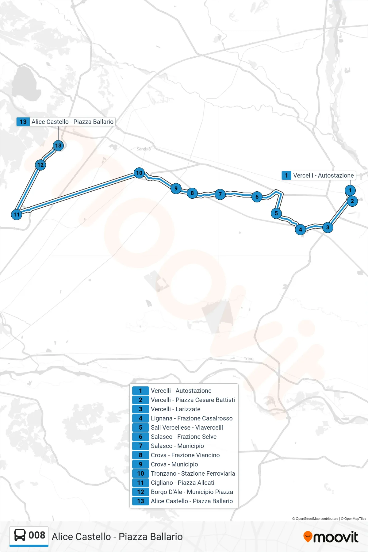 Linea 008 bus (Alice Castello - Piazza Ballario) - Percorsi e fermate sulla mappa