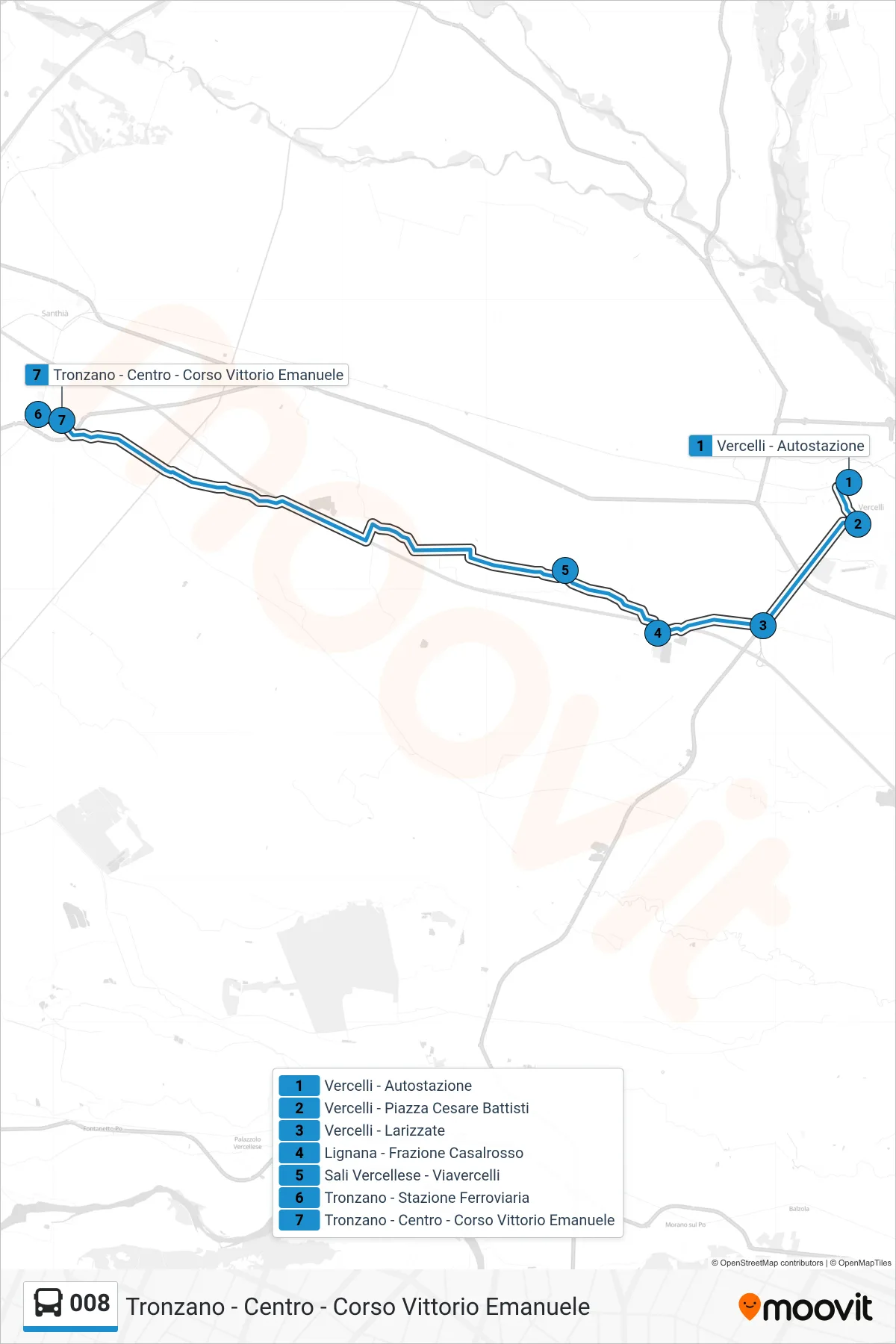 Linea 008  bus (Tronzano - Centro - Corso Vittorio Emanuele) - Percorsi e fermate sulla mappa