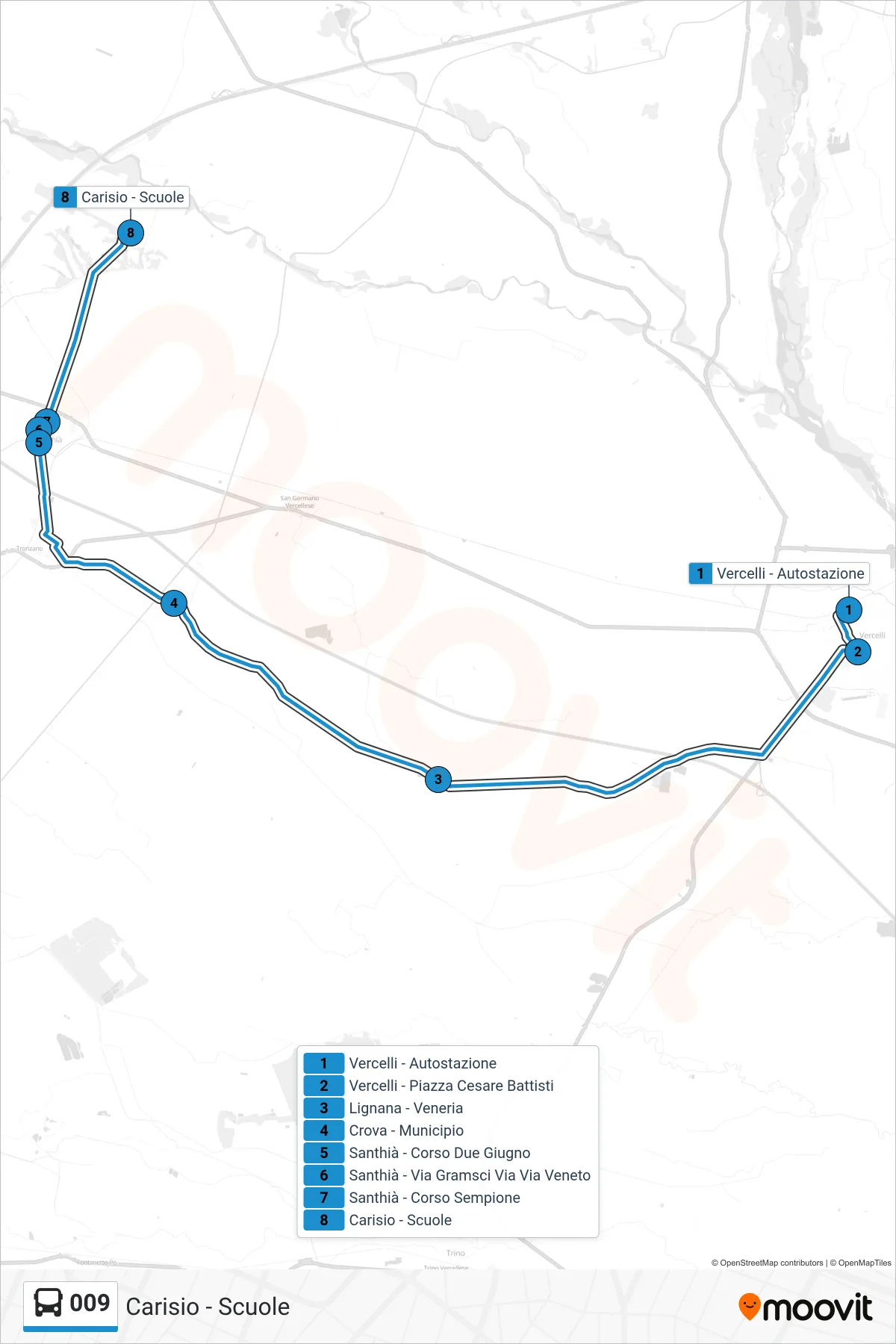 Linea 009 bus (Carisio - Scuole) - Percorsi e fermate sulla mappa