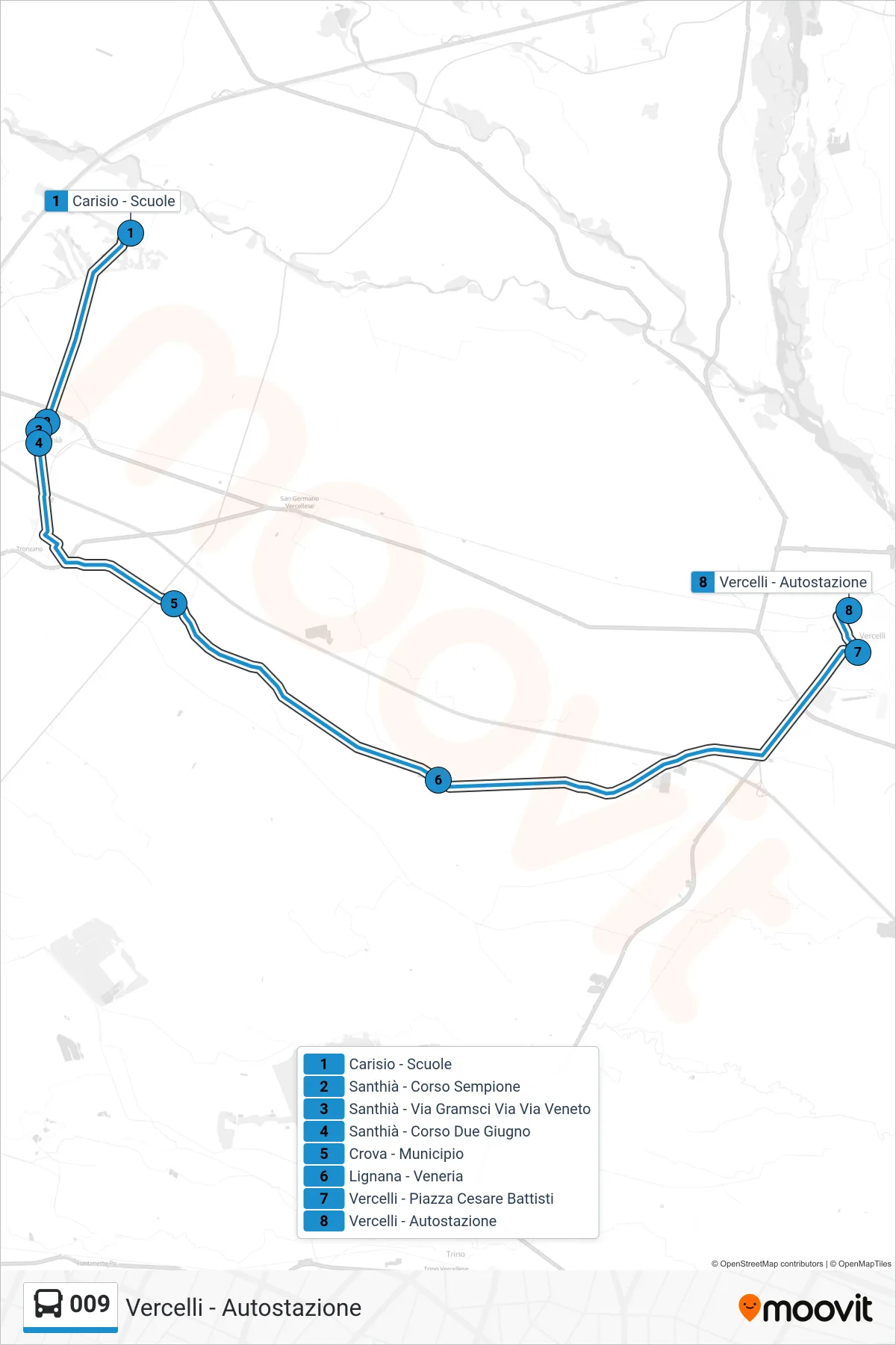 Linea 009 bus (Vercelli - Autostazione) - Percorsi e fermate sulla mappa