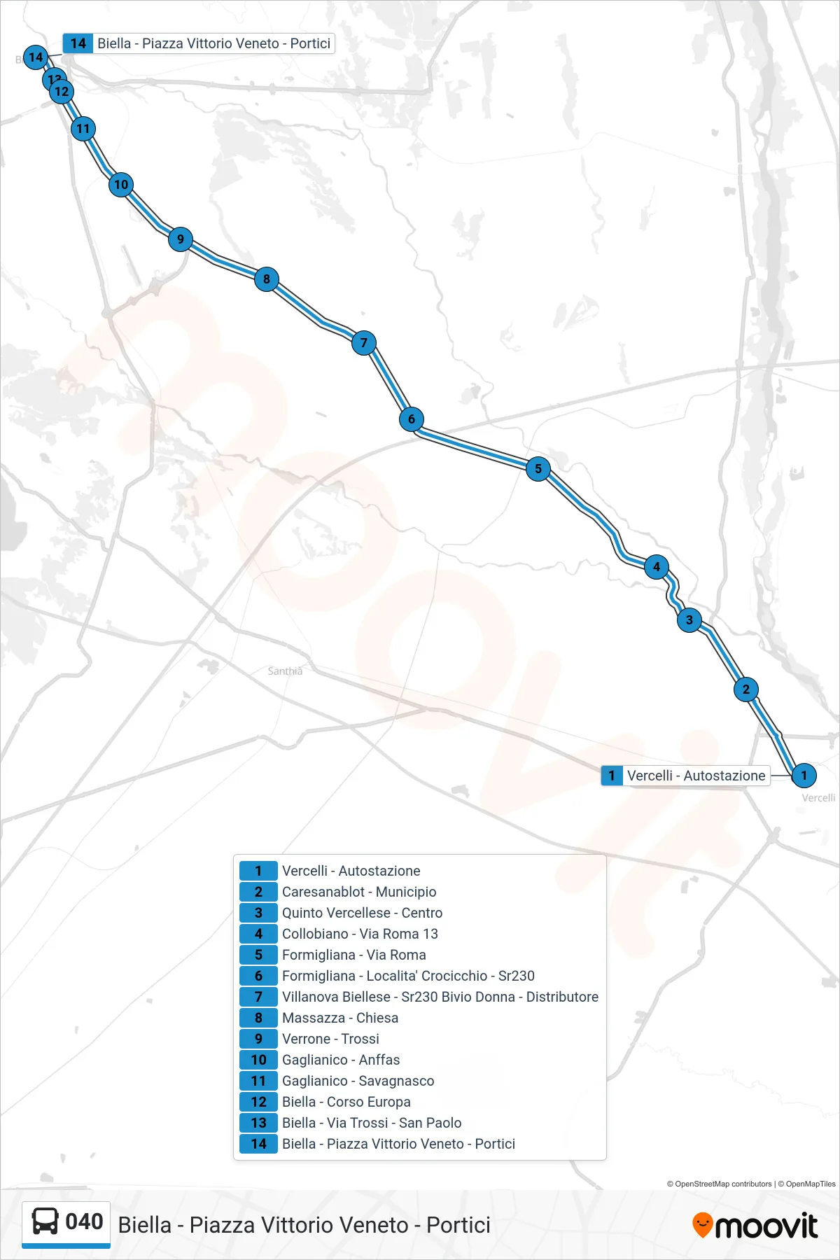 Linea 040 bus (Biella - Piazza Vittorio Veneto - Portici) - Percorsi e fermate sulla mappa