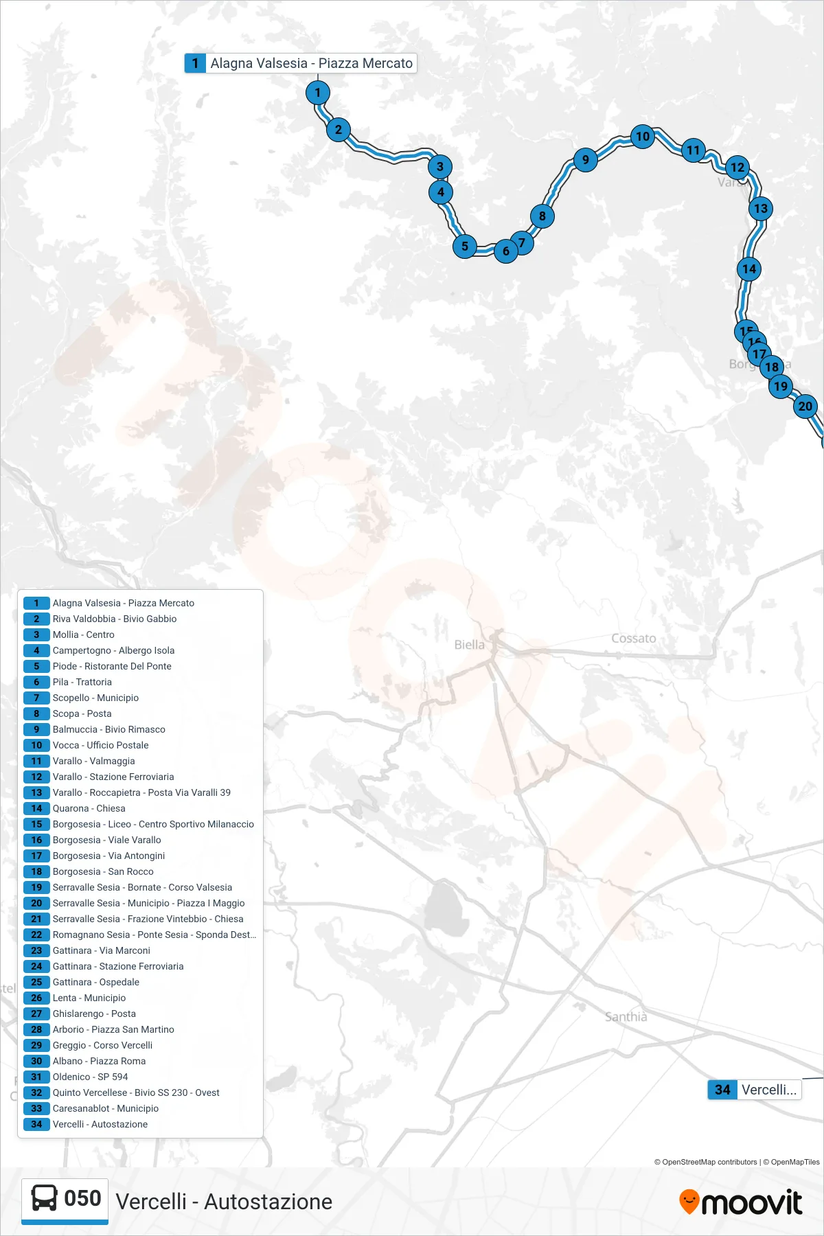 Linea 050  bus (Vercelli - Autostazione) - Percorsi e fermate sulla mappa