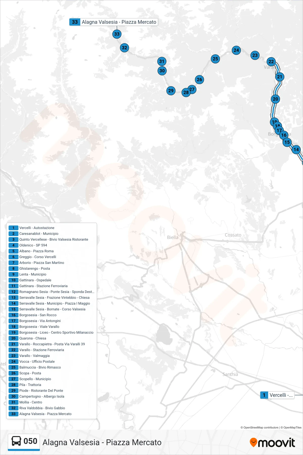 Linea 050  bus (Alagna Valsesia - Piazza Mercato) - Percorsi e fermate sulla mappa