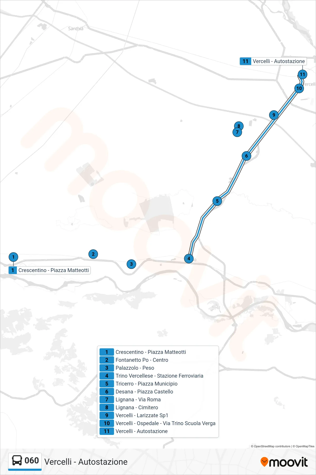 Linea 060 bus (Vercelli - Autostazione) - Percorsi e fermate sulla mappa