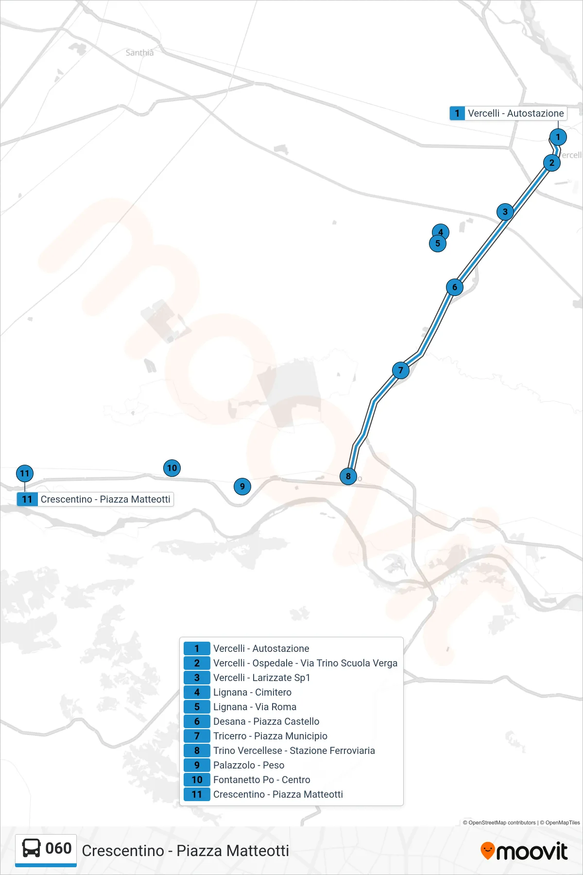 Linea 060  bus (Crescentino - Piazza Matteotti) - Percorsi e fermate sulla mappa