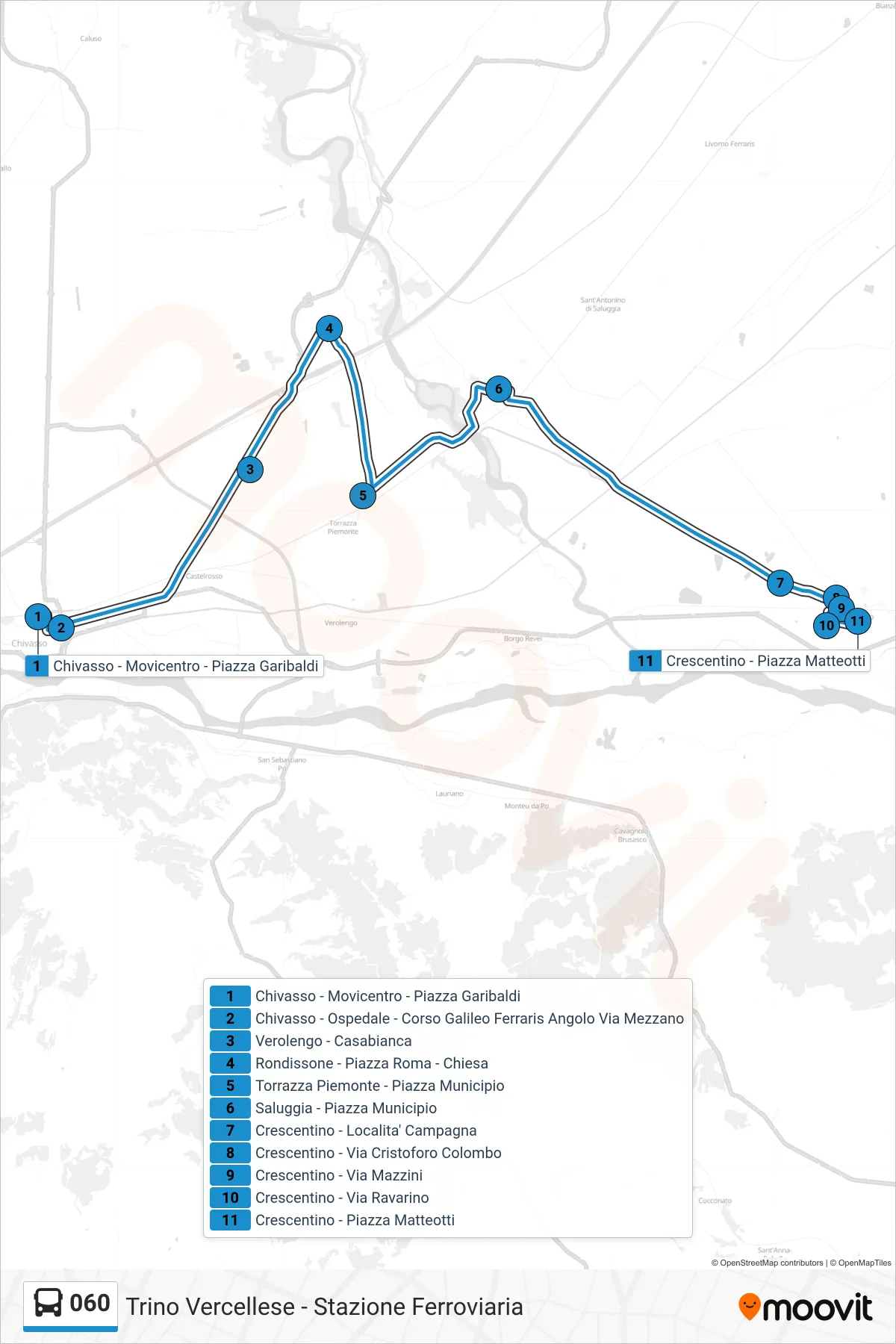 Linea 060 bus (Trino Vercellese - Stazione Ferroviaria) - Percorsi e fermate sulla mappa
