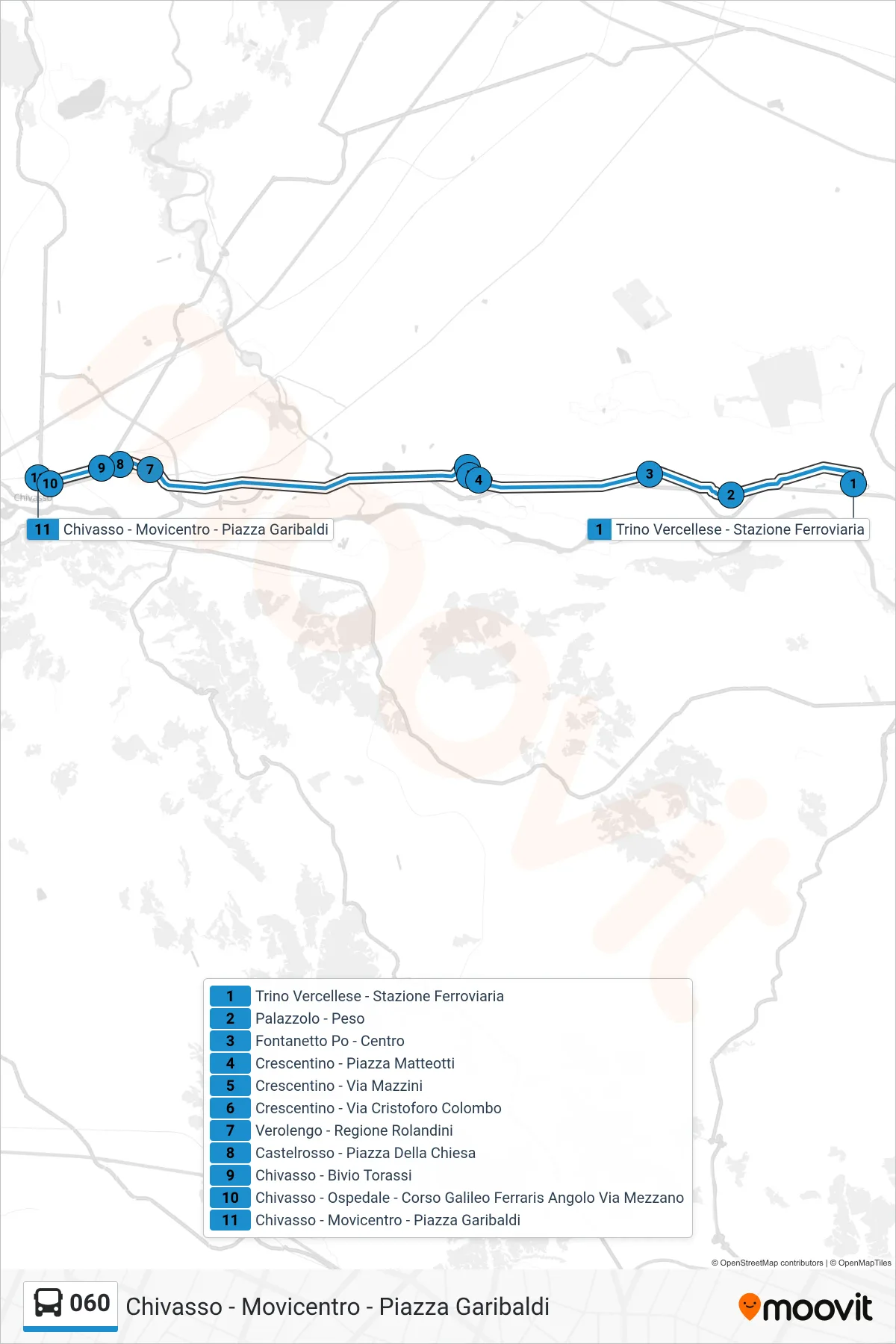 Linea 060  bus (Chivasso - Movicentro - Piazza Garibaldi) - Percorsi e fermate sulla mappa