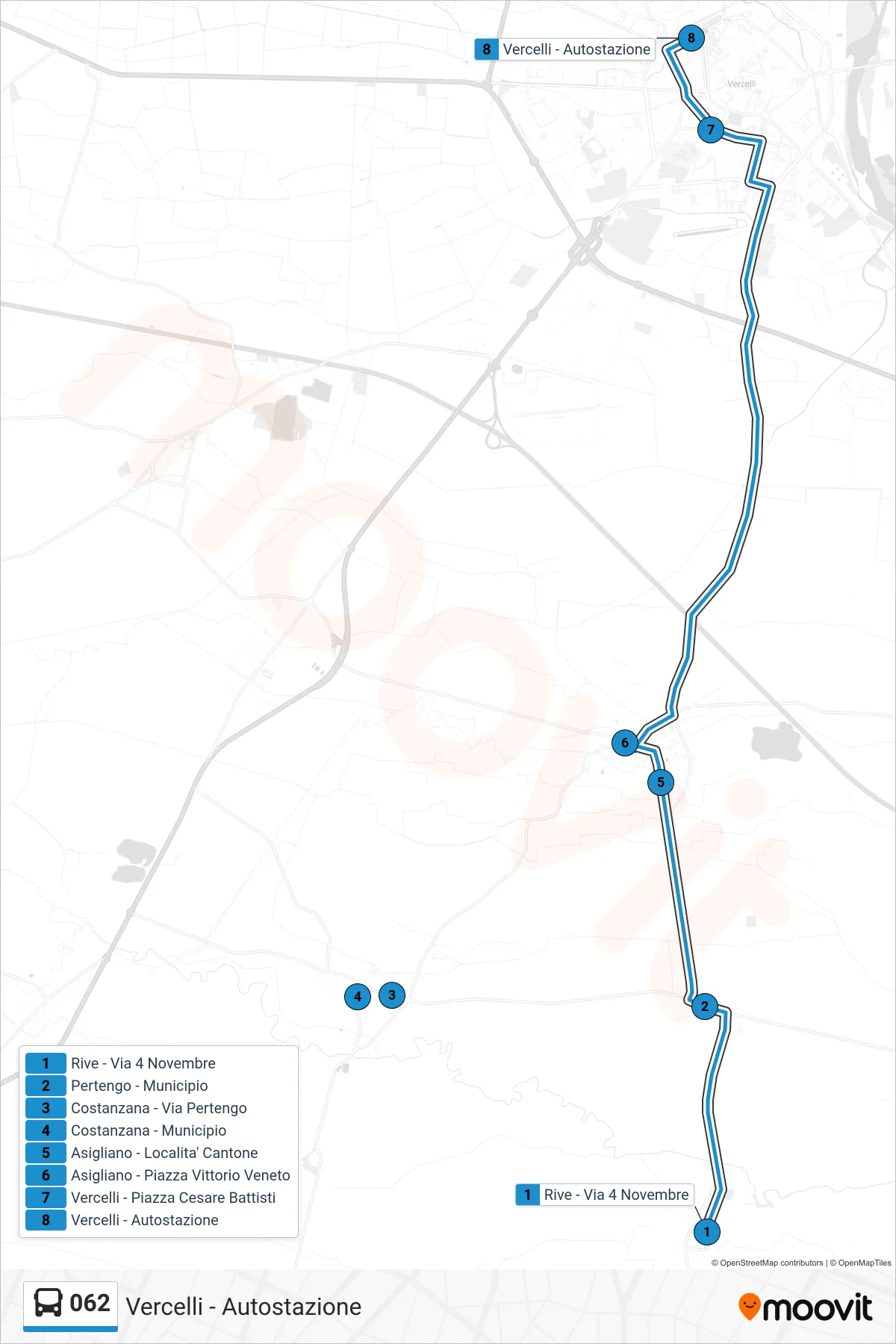 Linea 062 bus (Vercelli - Autostazione) - Percorsi e fermate sulla mappa