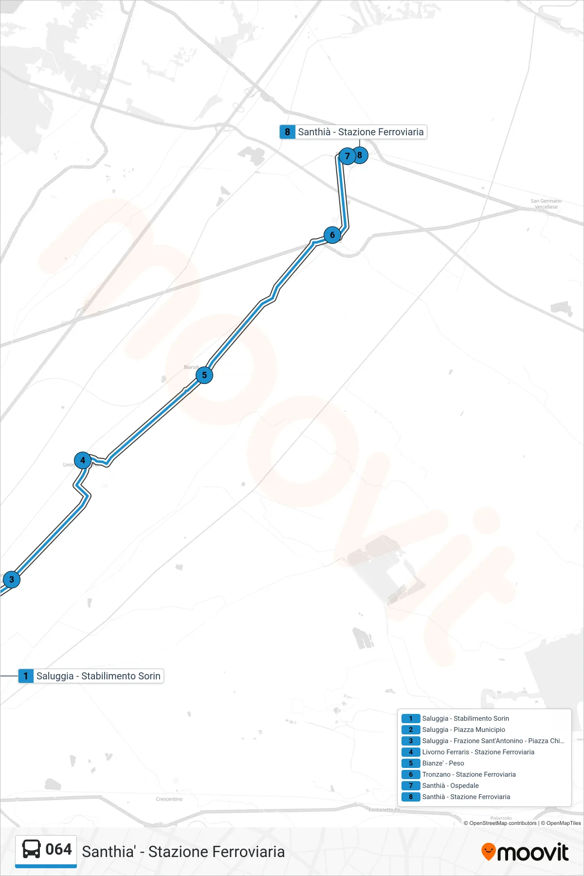 Linea 064 bus (Santhia' - Stazione Ferroviaria) - Percorsi e fermate sulla mappa