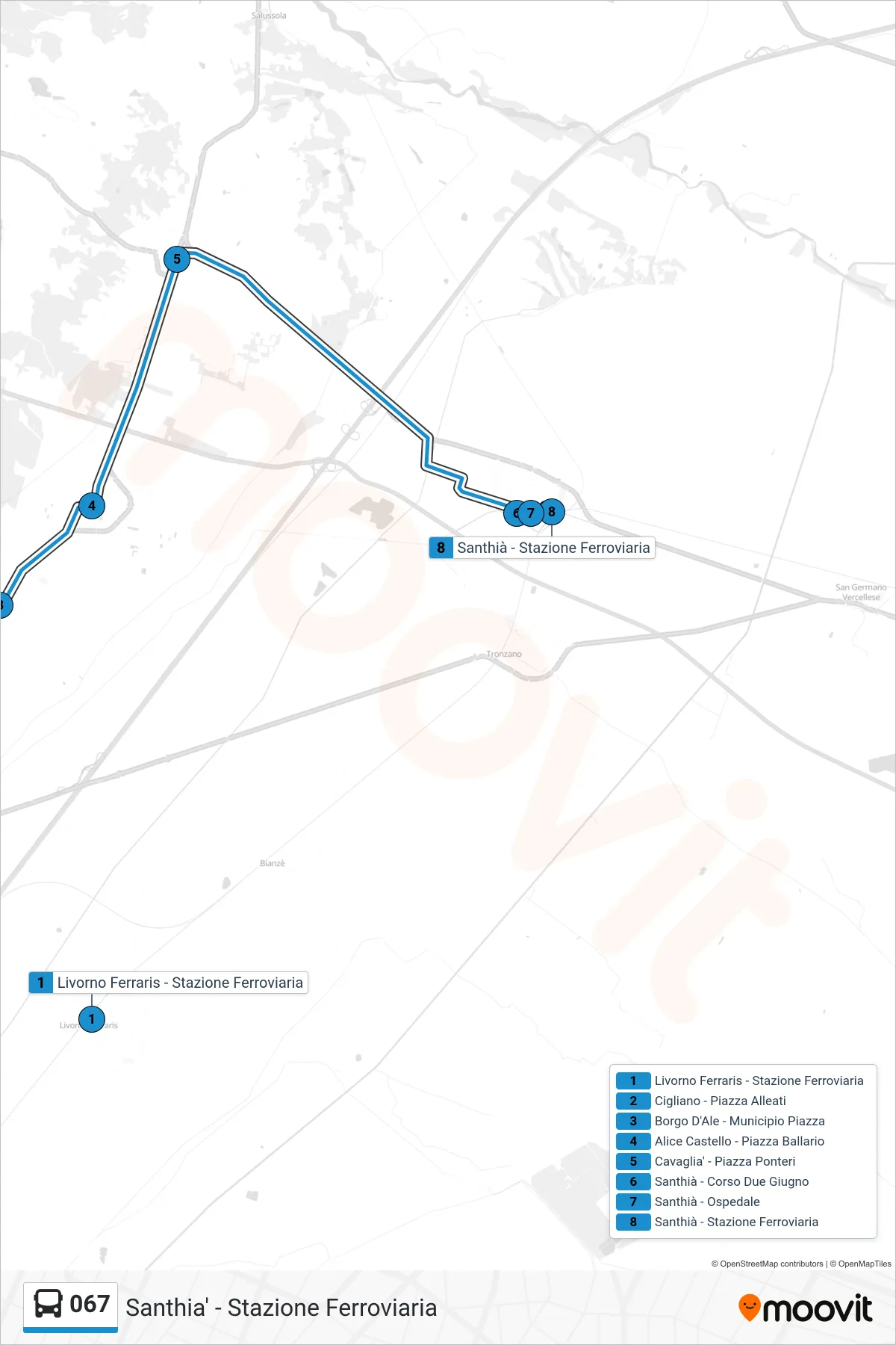 Linea 067 bus (Santhia' - Stazione Ferroviaria) - Percorsi e fermate sulla mappa