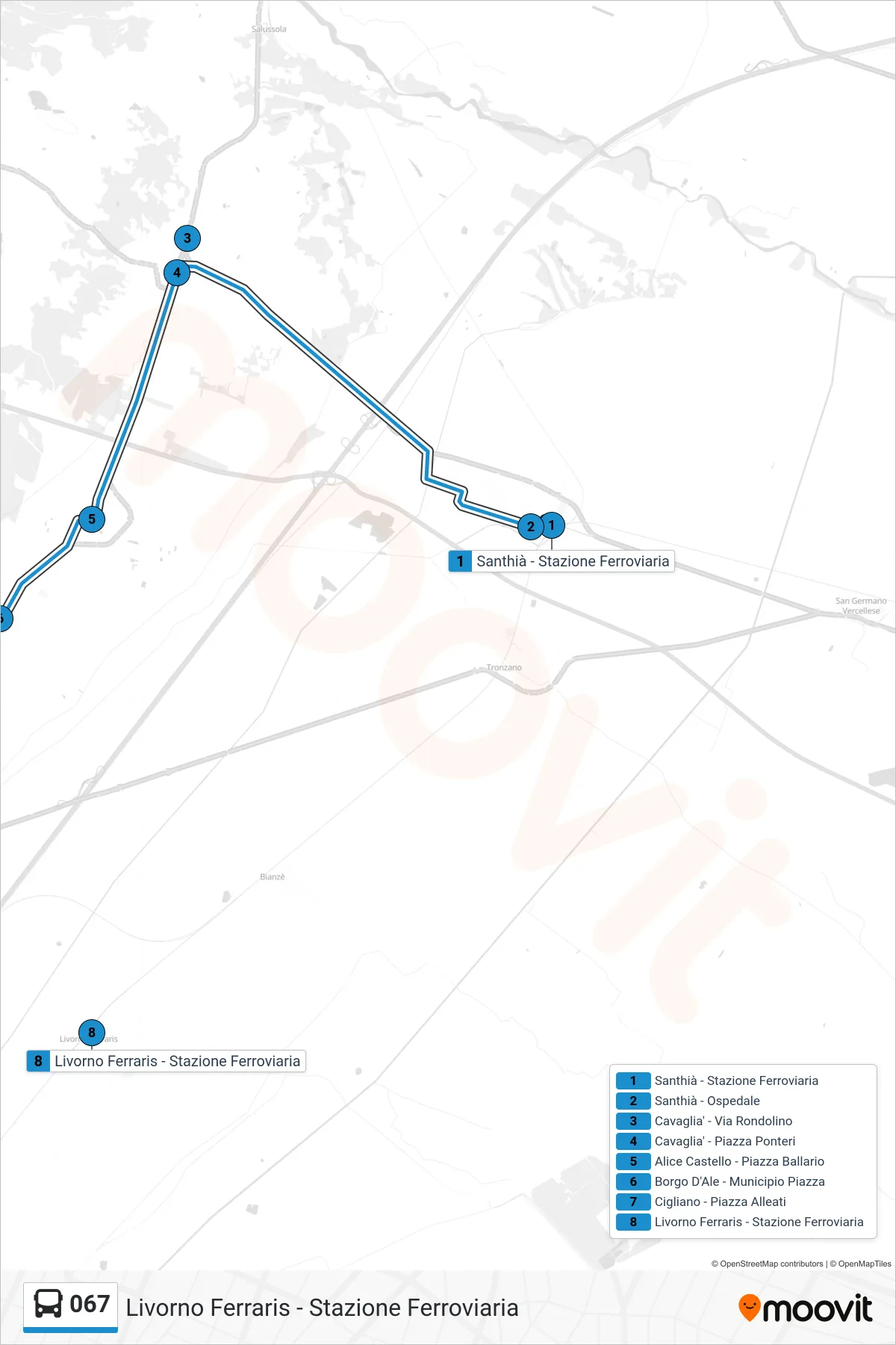 Linea 067 bus (Livorno Ferraris - Stazione Ferroviaria) - Percorsi e fermate sulla mappa