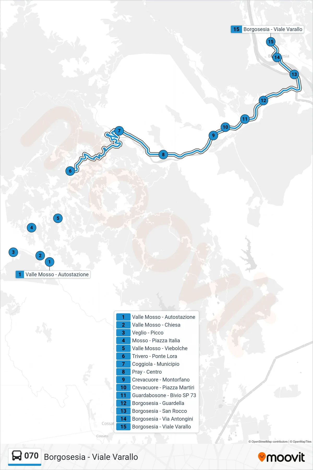 Linea 070 bus (Borgosesia - Viale Varallo) - Percorsi e fermate sulla mappa