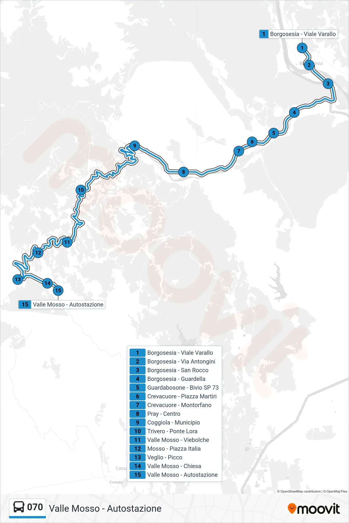 Linea 070 bus (Valle Mosso - Autostazione) - Percorsi e fermate sulla mappa