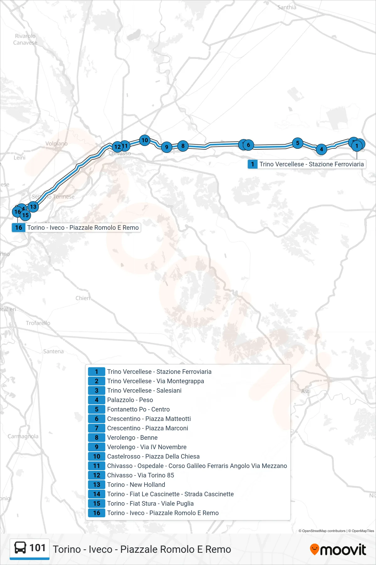 Linea 101 bus (Torino - Iveco - Piazzale Romolo E Remo) - Percorsi e fermate sulla mappa