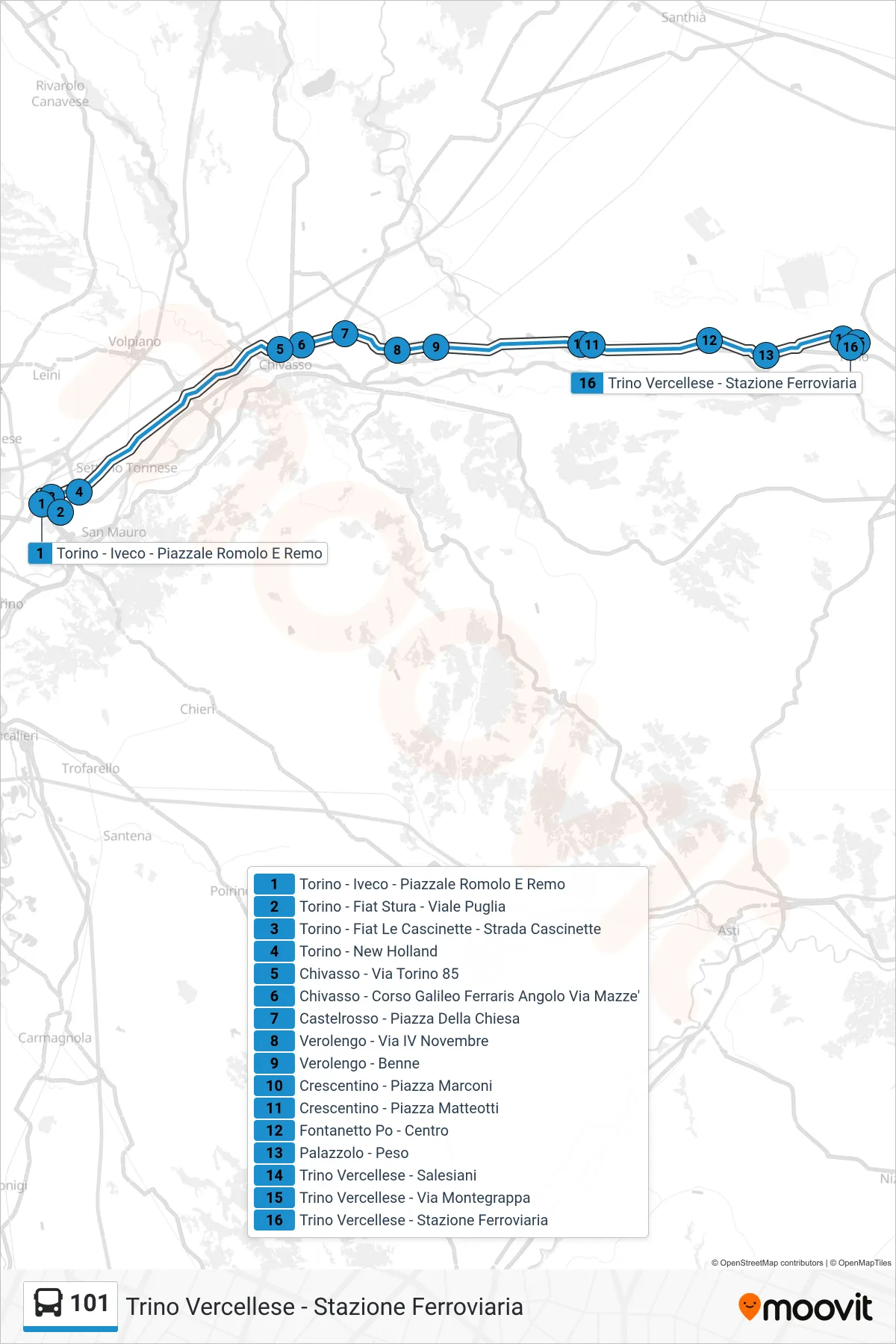 Linea 101  bus (Trino Vercellese - Stazione Ferroviaria) - Percorsi e fermate sulla mappa