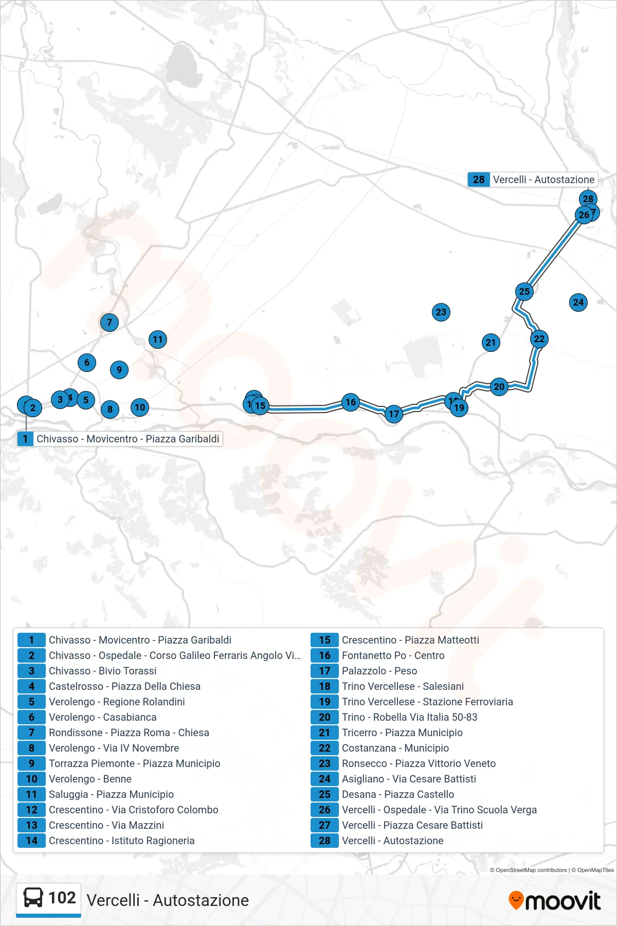 Linea 102 bus (Vercelli - Autostazione) - Percorsi e fermate sulla mappa