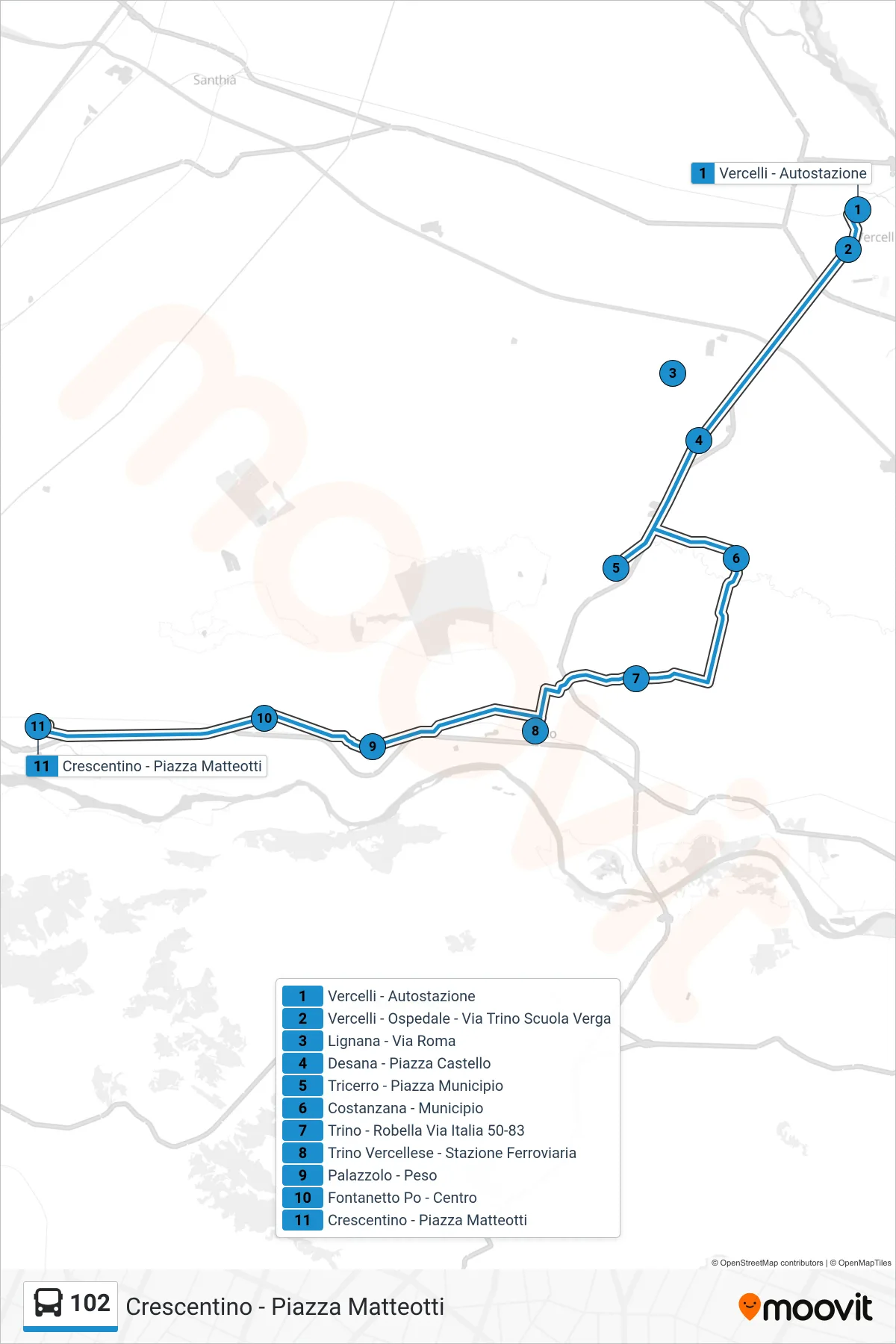 Linea 102  bus (Crescentino - Piazza Matteotti) - Percorsi e fermate sulla mappa