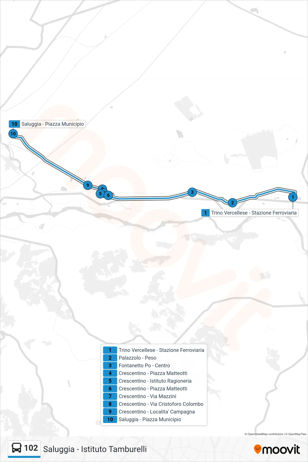 Linea 102 bus (Saluggia - Istituto Tamburelli) - Percorsi e fermate sulla mappa