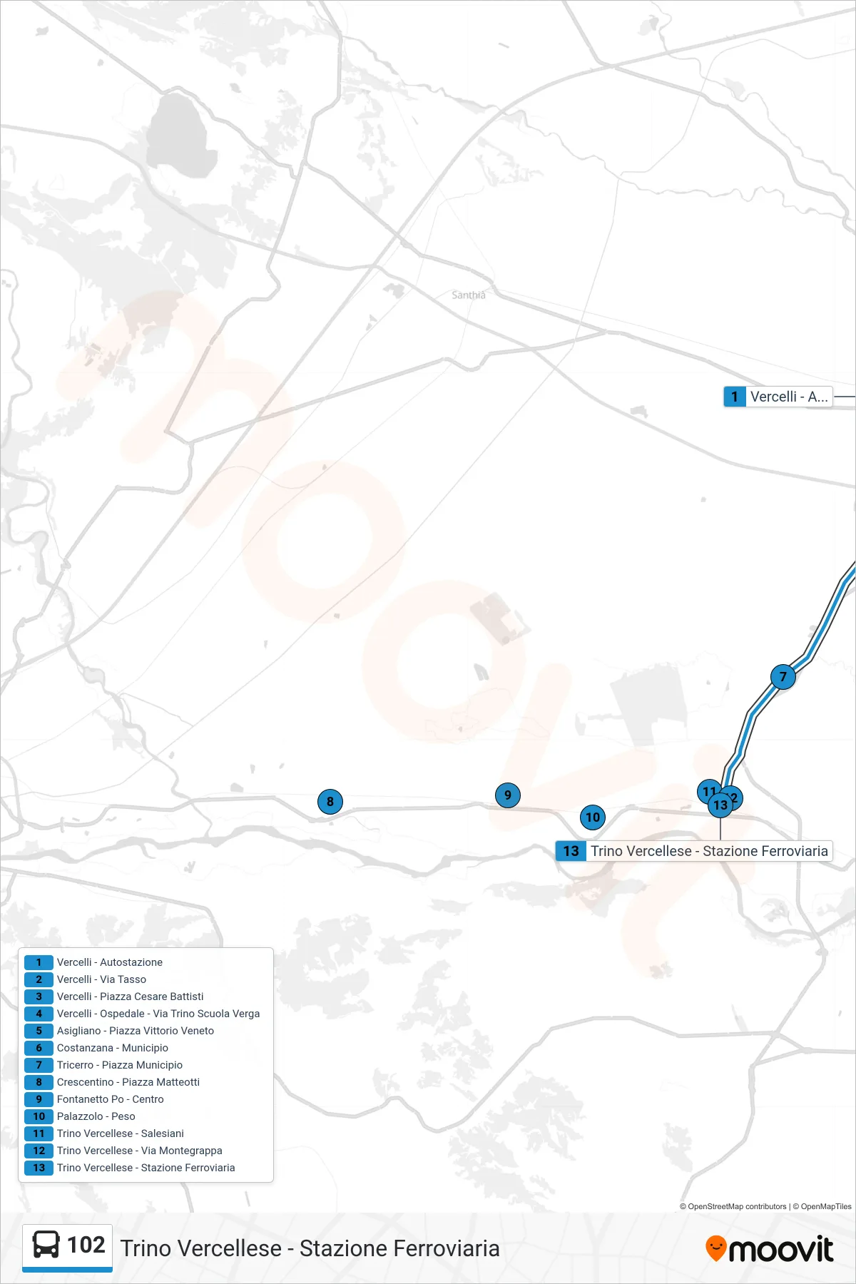 Linea 102 bus (Trino Vercellese - Stazione Ferroviaria) - Percorsi e fermate sulla mappa