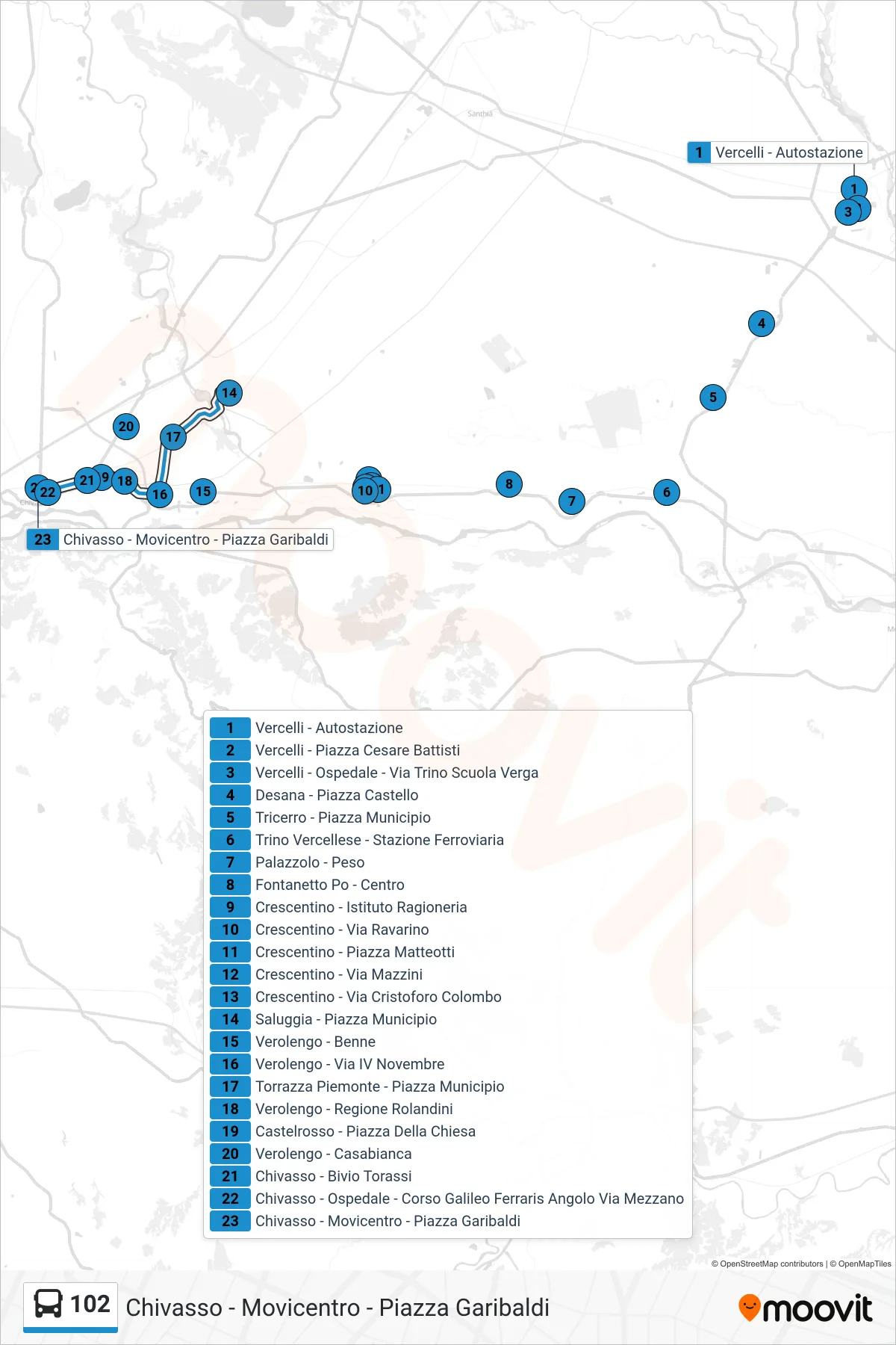 Linea 102 bus (Chivasso - Movicentro - Piazza Garibaldi) - Percorsi e fermate sulla mappa