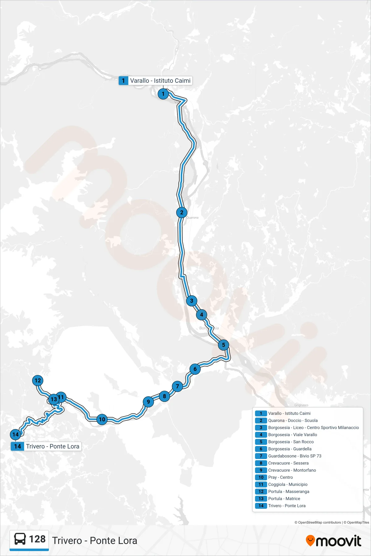 Linea 128  bus (Trivero - Ponte Lora) - Percorsi e fermate sulla mappa