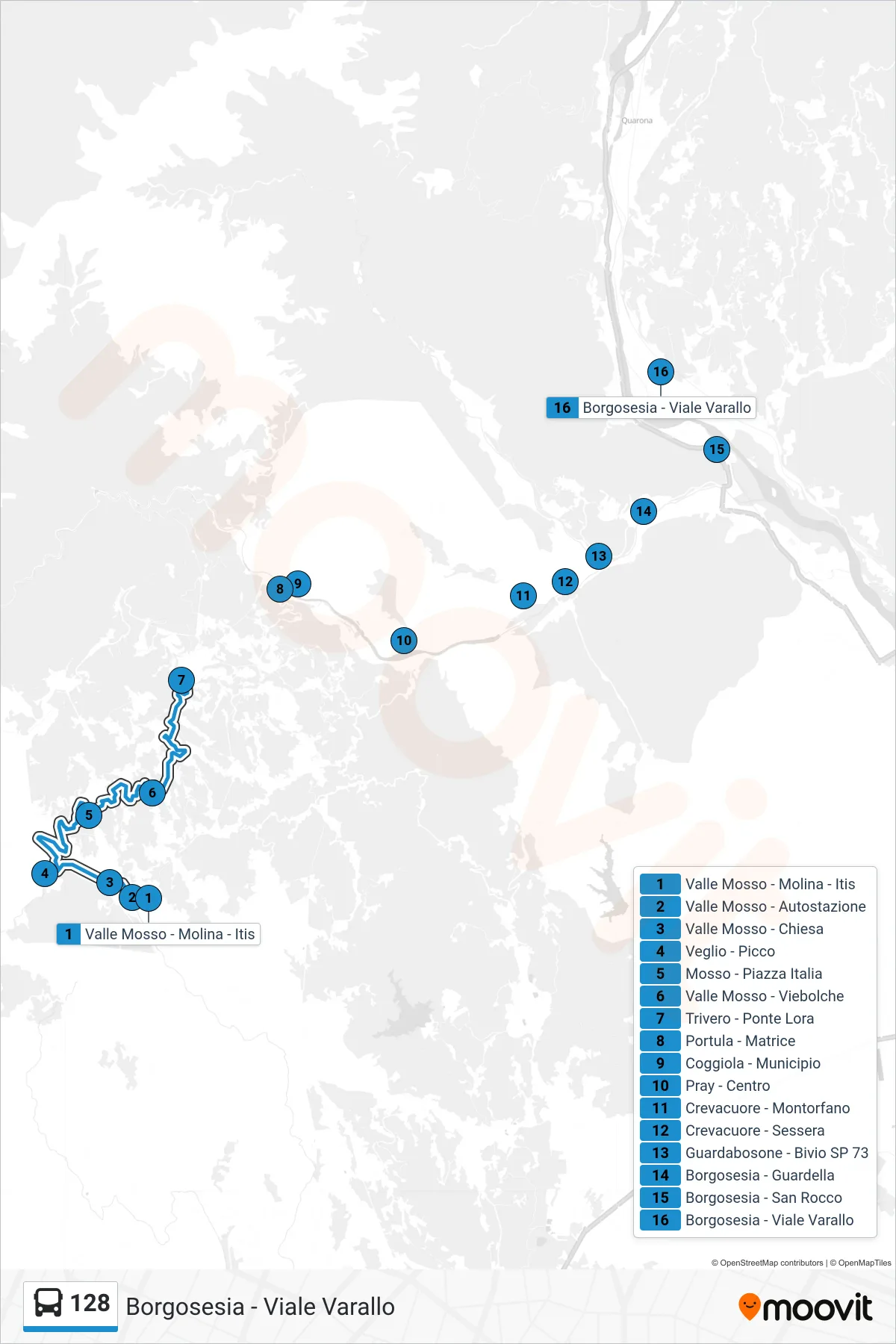 Linea 128 bus (Borgosesia - Viale Varallo) - Percorsi e fermate sulla mappa