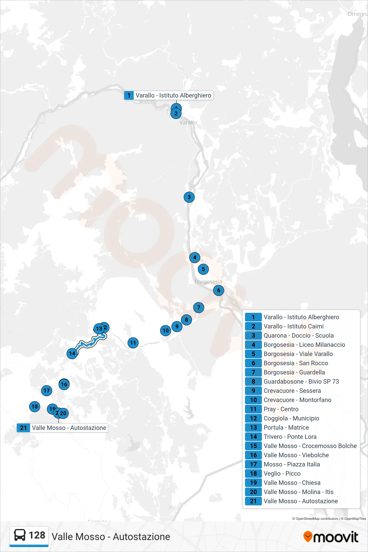 Linea 128 bus (Valle Mosso - Autostazione) - Percorsi e fermate sulla mappa