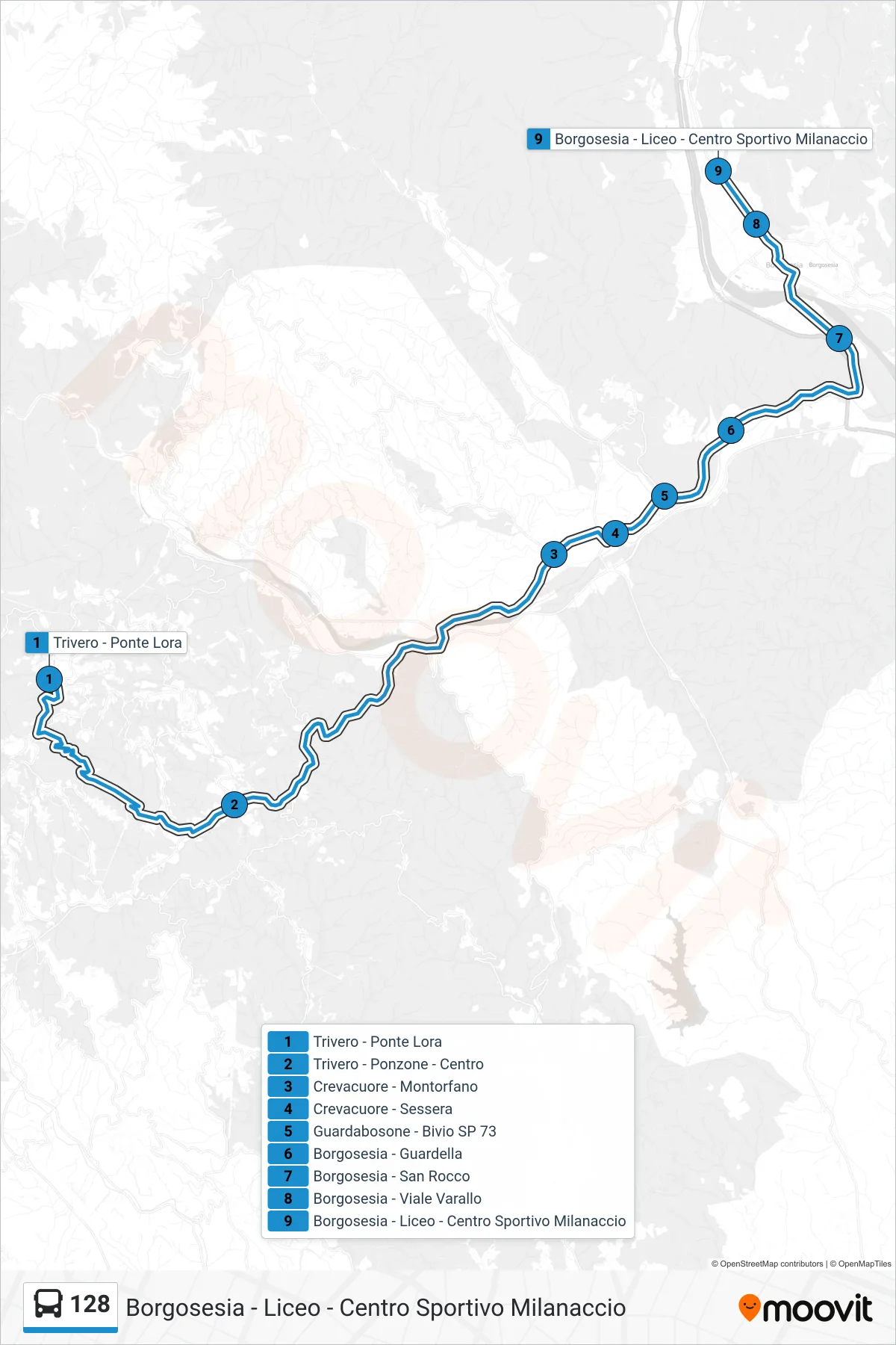 Linea 128 bus (Borgosesia - Liceo - Centro Sportivo Milanaccio) - Percorsi e fermate sulla mappa