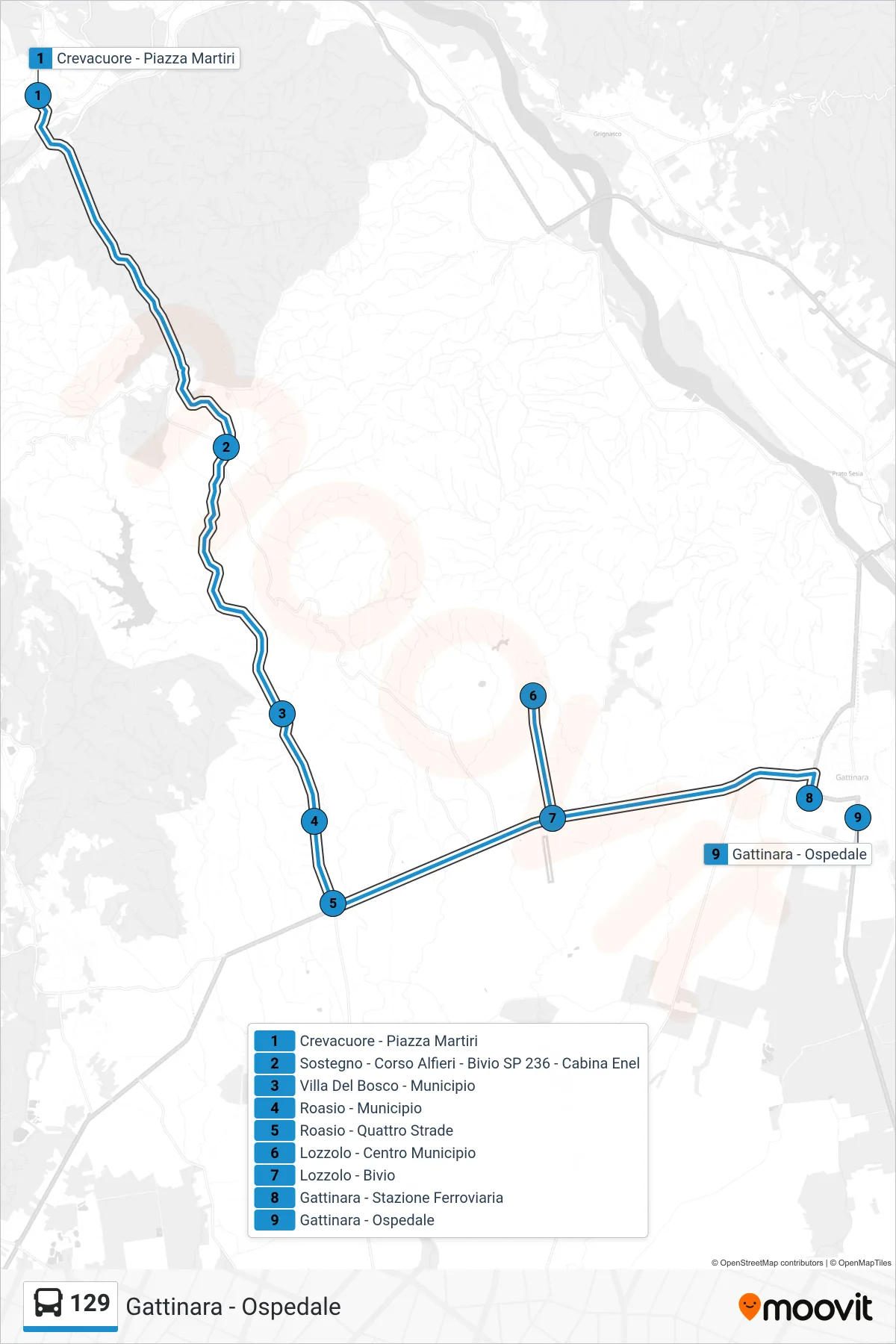 Linea 129 bus (Gattinara - Ospedale) - Percorsi e fermate sulla mappa