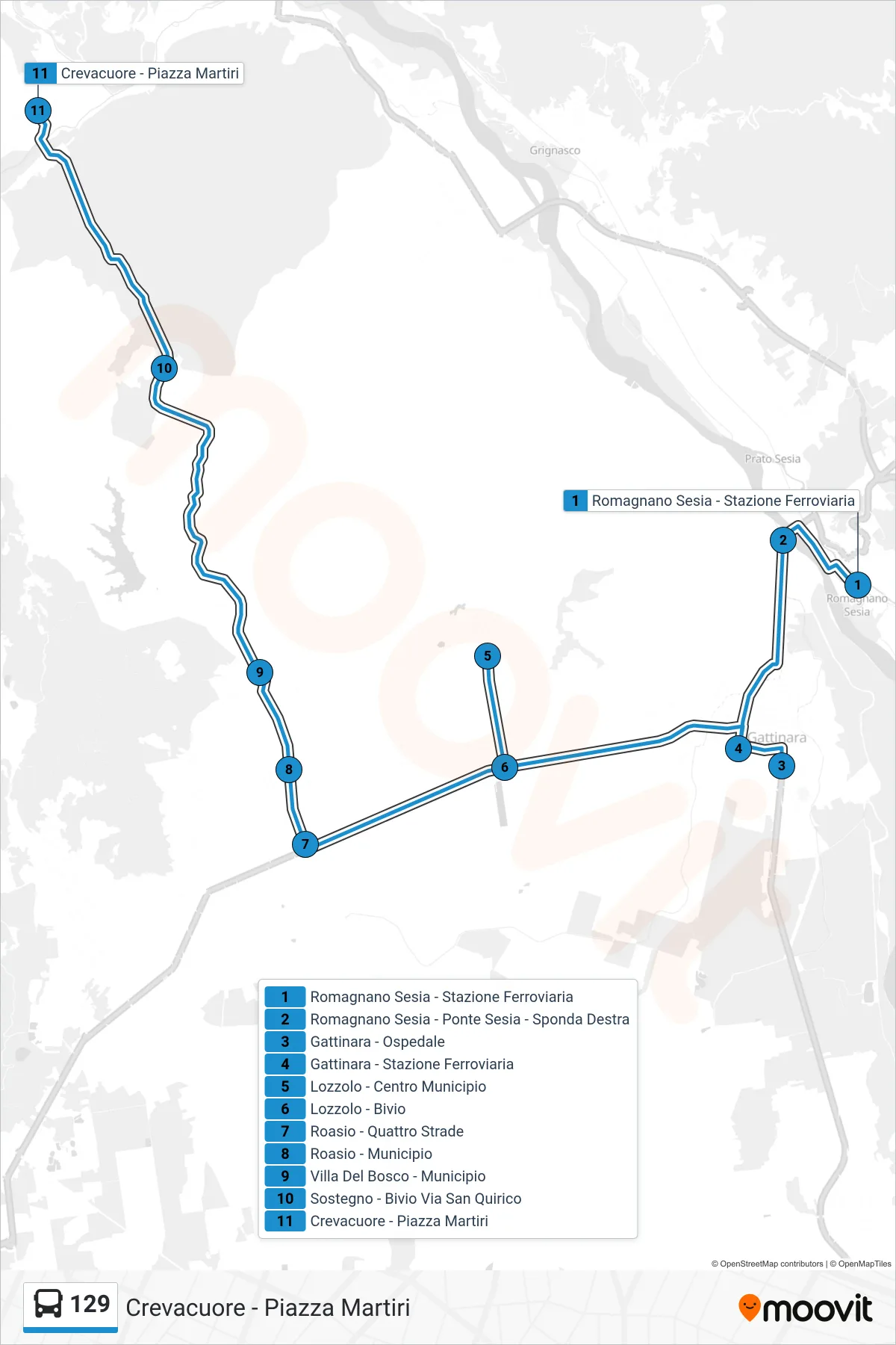 Linea 129 bus (Crevacuore - Piazza Martiri) - Percorsi e fermate sulla mappa