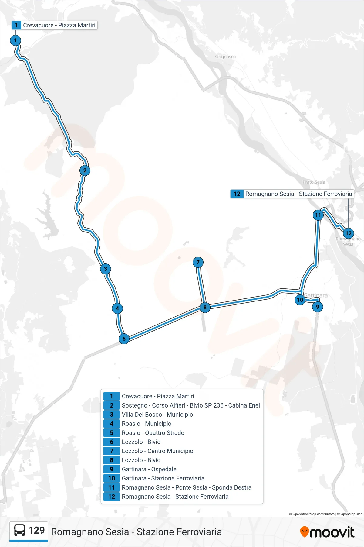 Linea 129  bus (Romagnano Sesia - Stazione Ferroviaria) - Percorsi e fermate sulla mappa