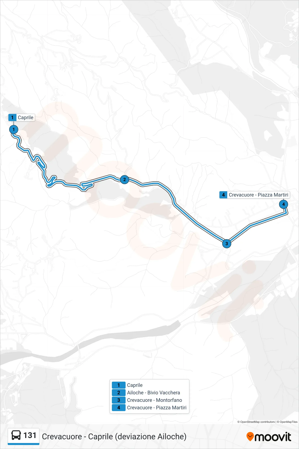 Linea 131 bus (Crevacuore - Piazza Martiri) - Percorsi e fermate sulla mappa