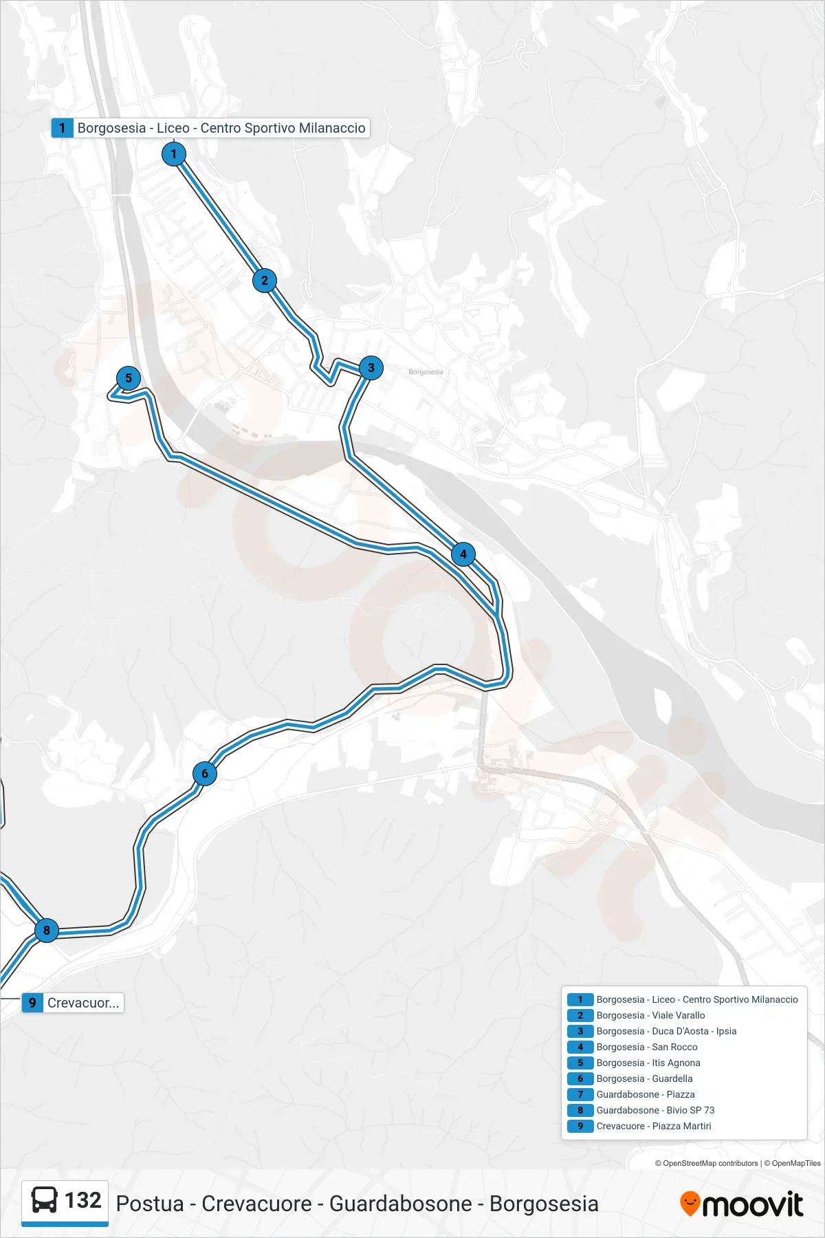 Linea 132 bus (Crevacuore - Piazza Martiri) - Percorsi e fermate sulla mappa