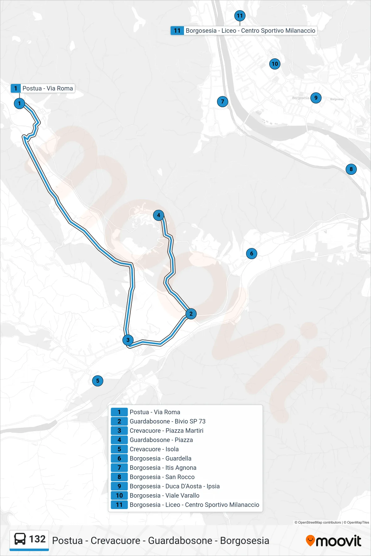 Linea 132  bus (Borgosesia - Liceo - Centro Sportivo Milanaccio) - Percorsi e fermate sulla mappa