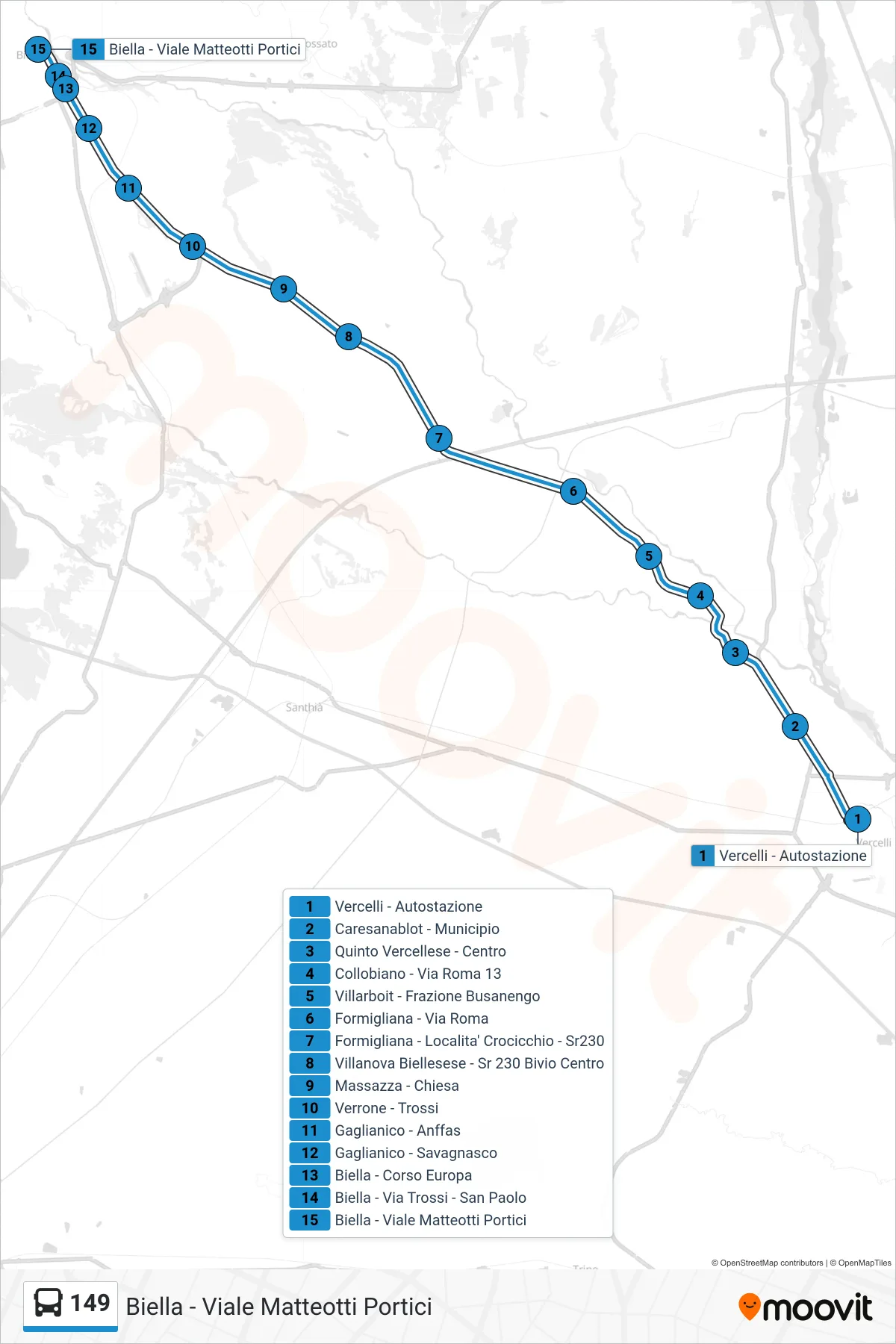 Linea 149 bus (Biella - Viale Matteotti Portici) - Percorsi e fermate sulla mappa