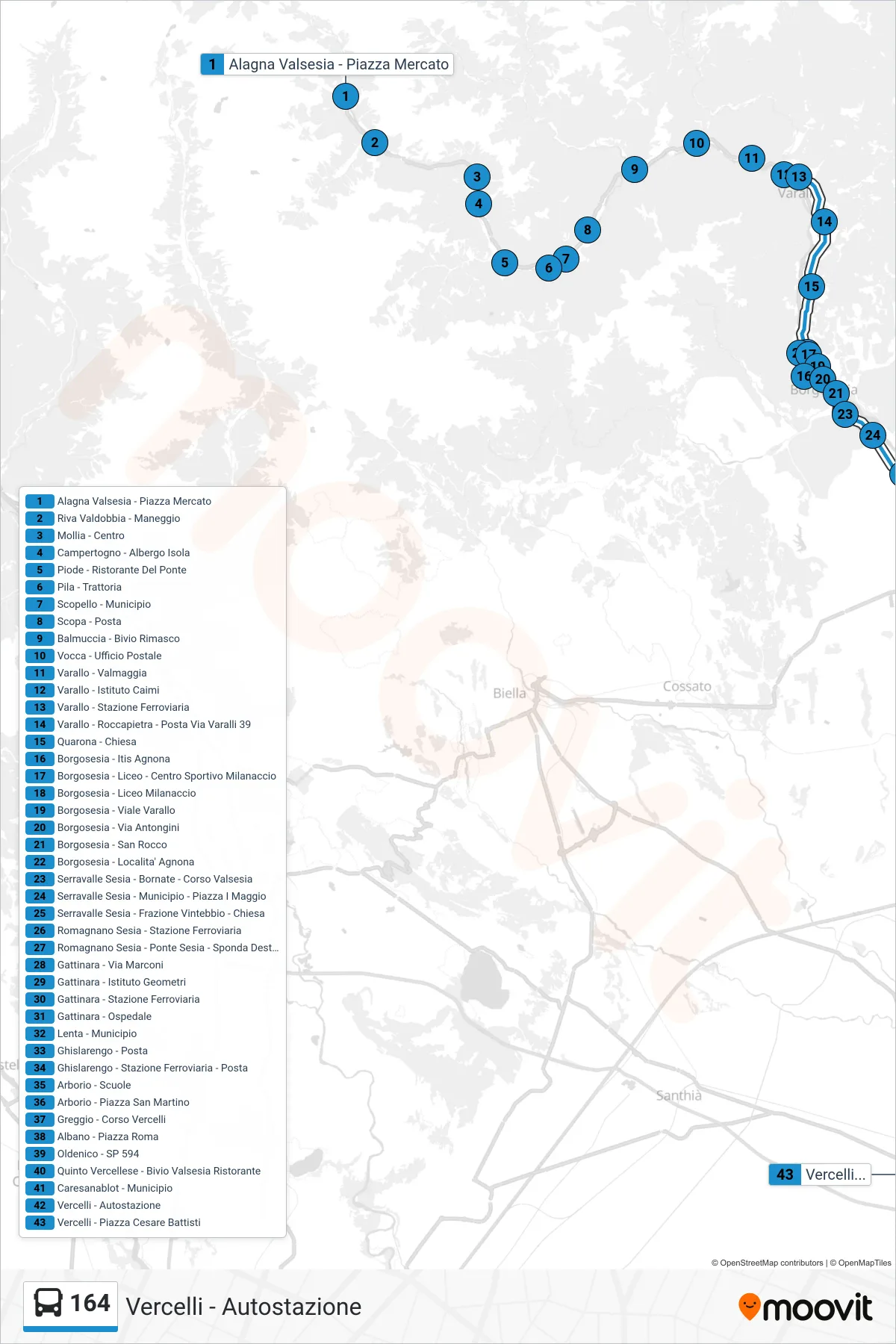 Linea 164 bus (Vercelli - Autostazione) - Percorsi e fermate sulla mappa