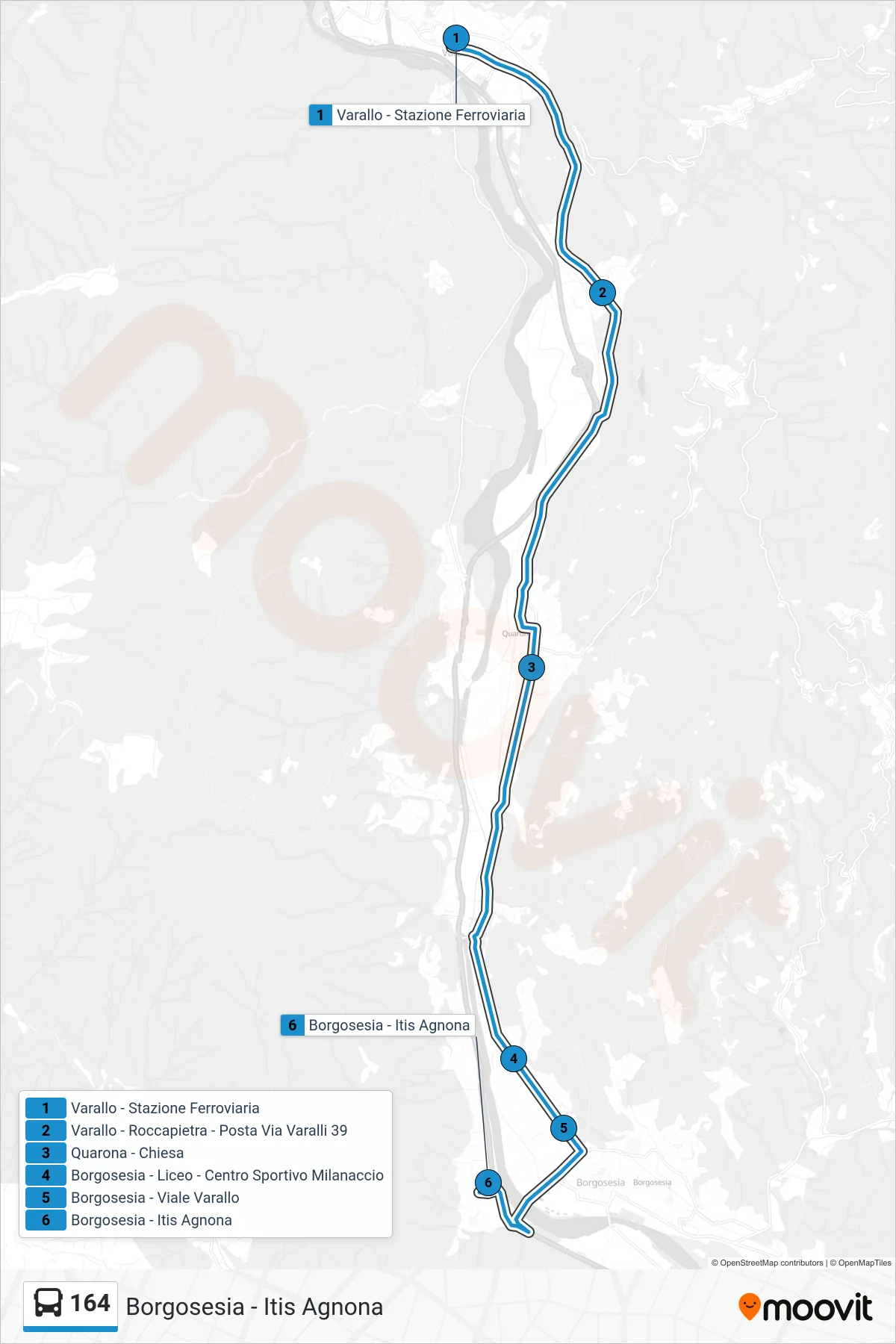 164 bus Line (Borgosesia - Itis Agnona) route and stops on a map