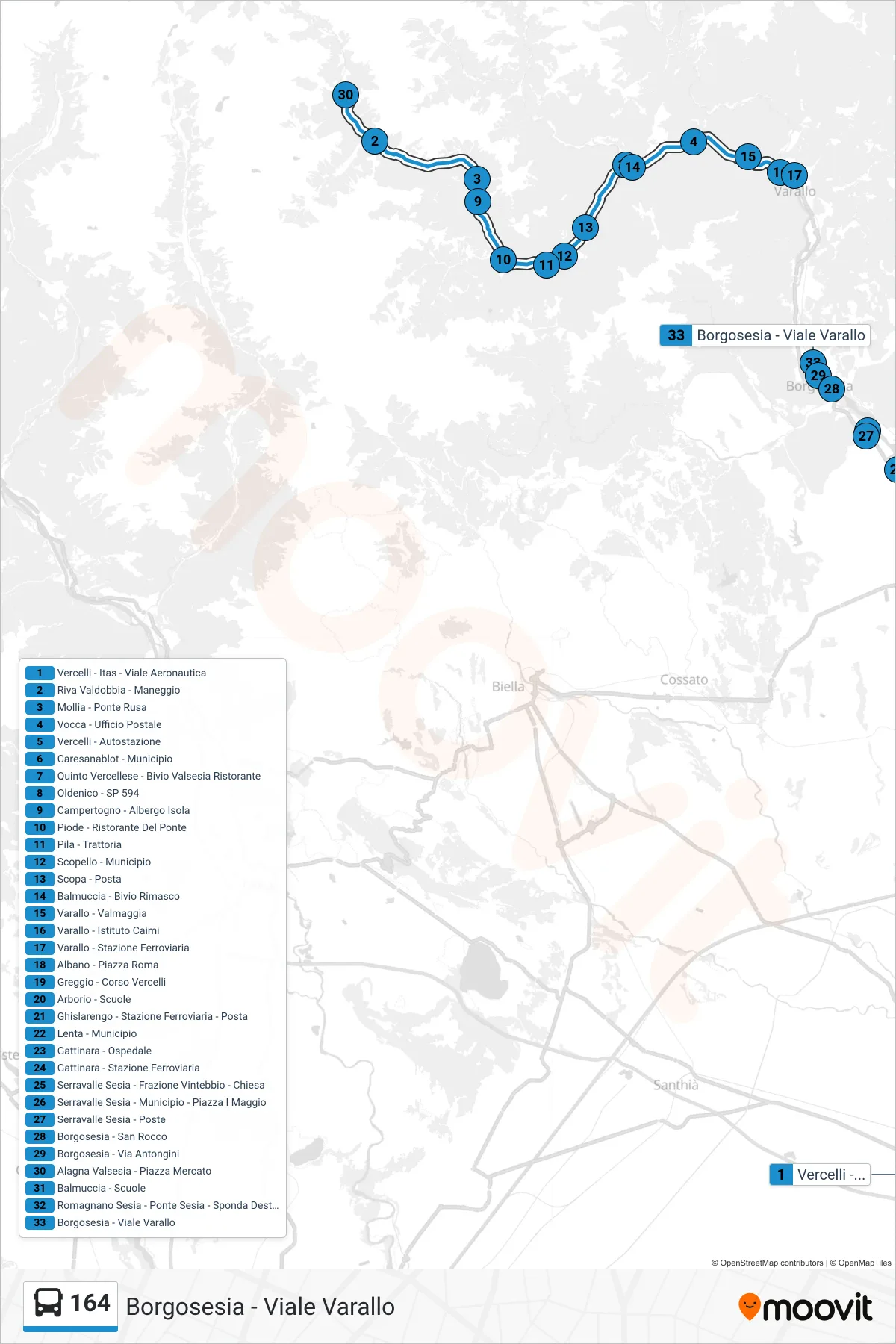 Linea 164  bus (Borgosesia - Viale Varallo) - Percorsi e fermate sulla mappa