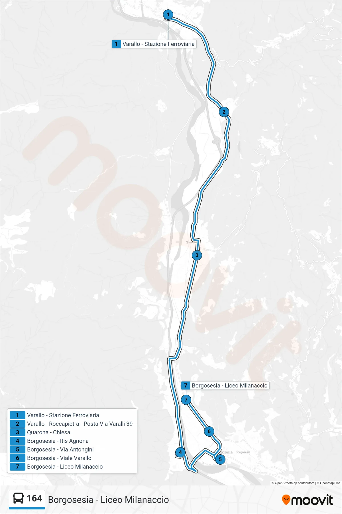 Linea 164 bus (Borgosesia - Liceo Milanaccio) - Percorsi e fermate sulla mappa