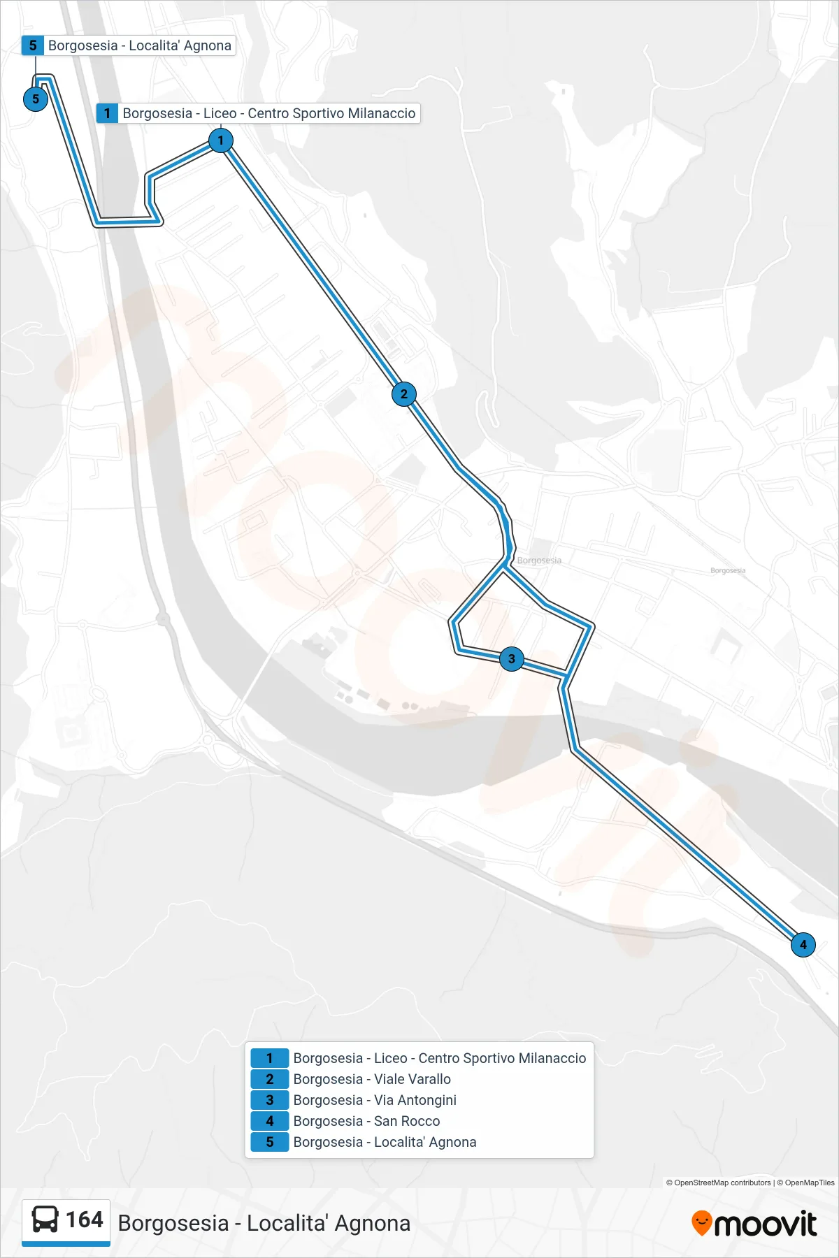 Linea 164 bus (Borgosesia - Localita' Agnona) - Percorsi e fermate sulla mappa