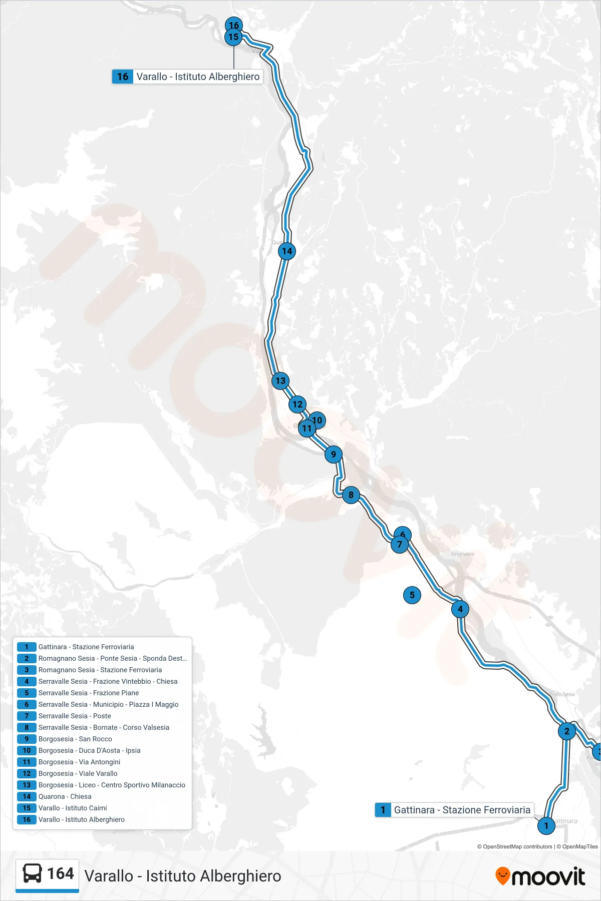Linea 164 bus (Varallo - Istituto Alberghiero) - Percorsi e fermate sulla mappa