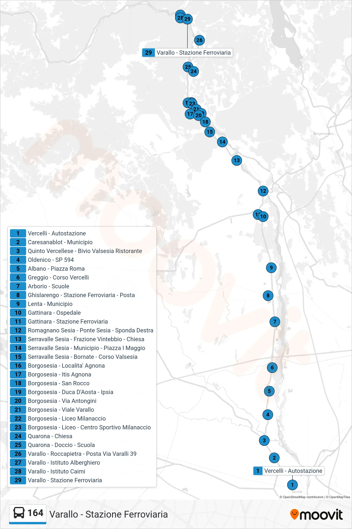 Linea 164 bus (Varallo - Stazione Ferroviaria) - Percorsi e fermate sulla mappa