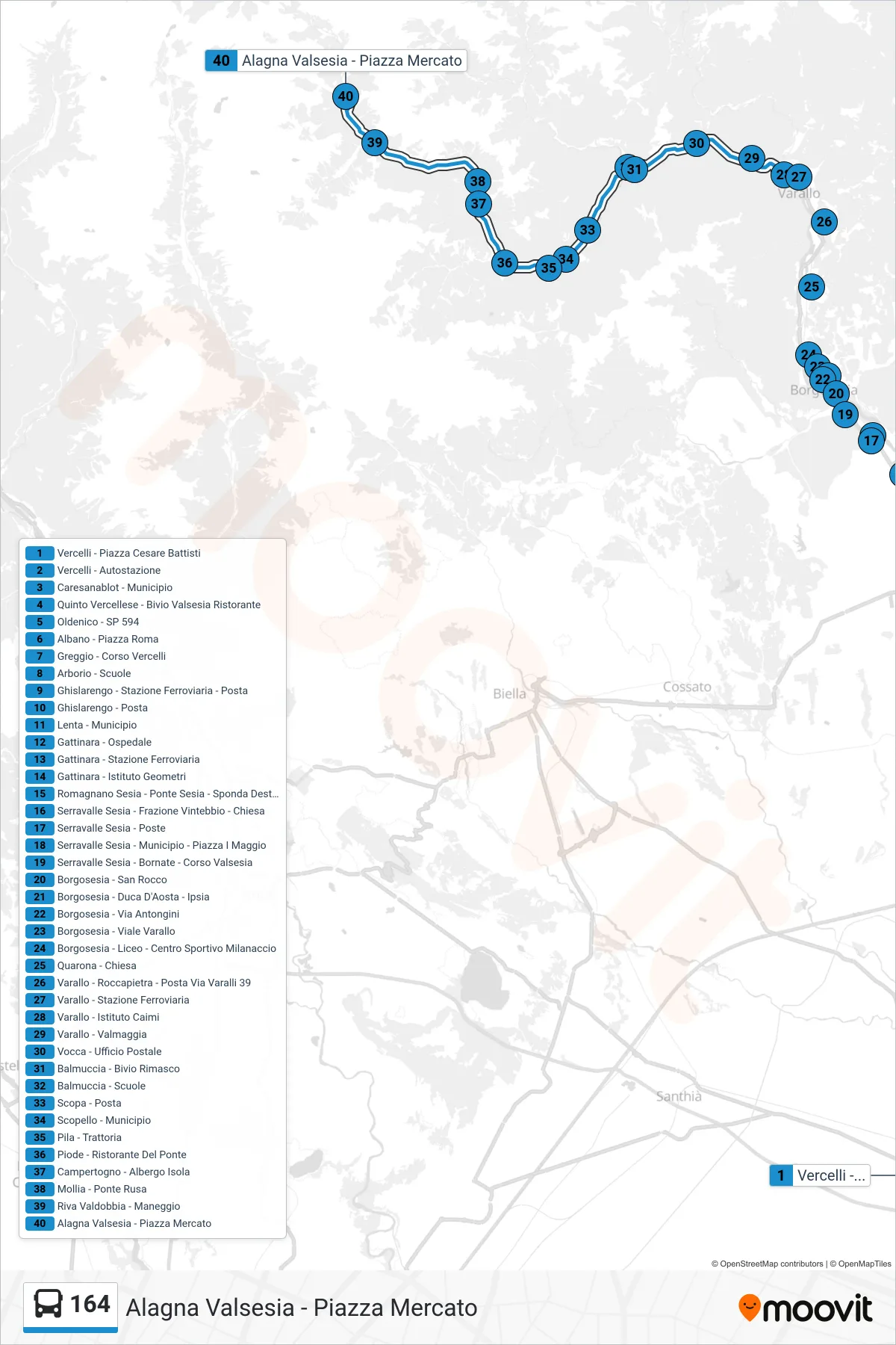 Linea 164 bus (Alagna Valsesia - Piazza Mercato) - Percorsi e fermate sulla mappa