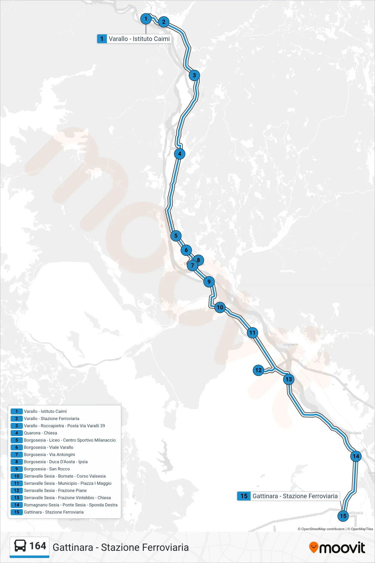 Linea 164  bus (Gattinara - Stazione Ferroviaria) - Percorsi e fermate sulla mappa