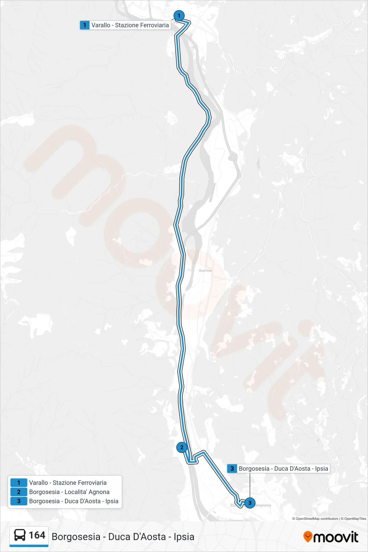 Linea 164 bus (Borgosesia - Duca D'Aosta - Ipsia) - Percorsi e fermate sulla mappa