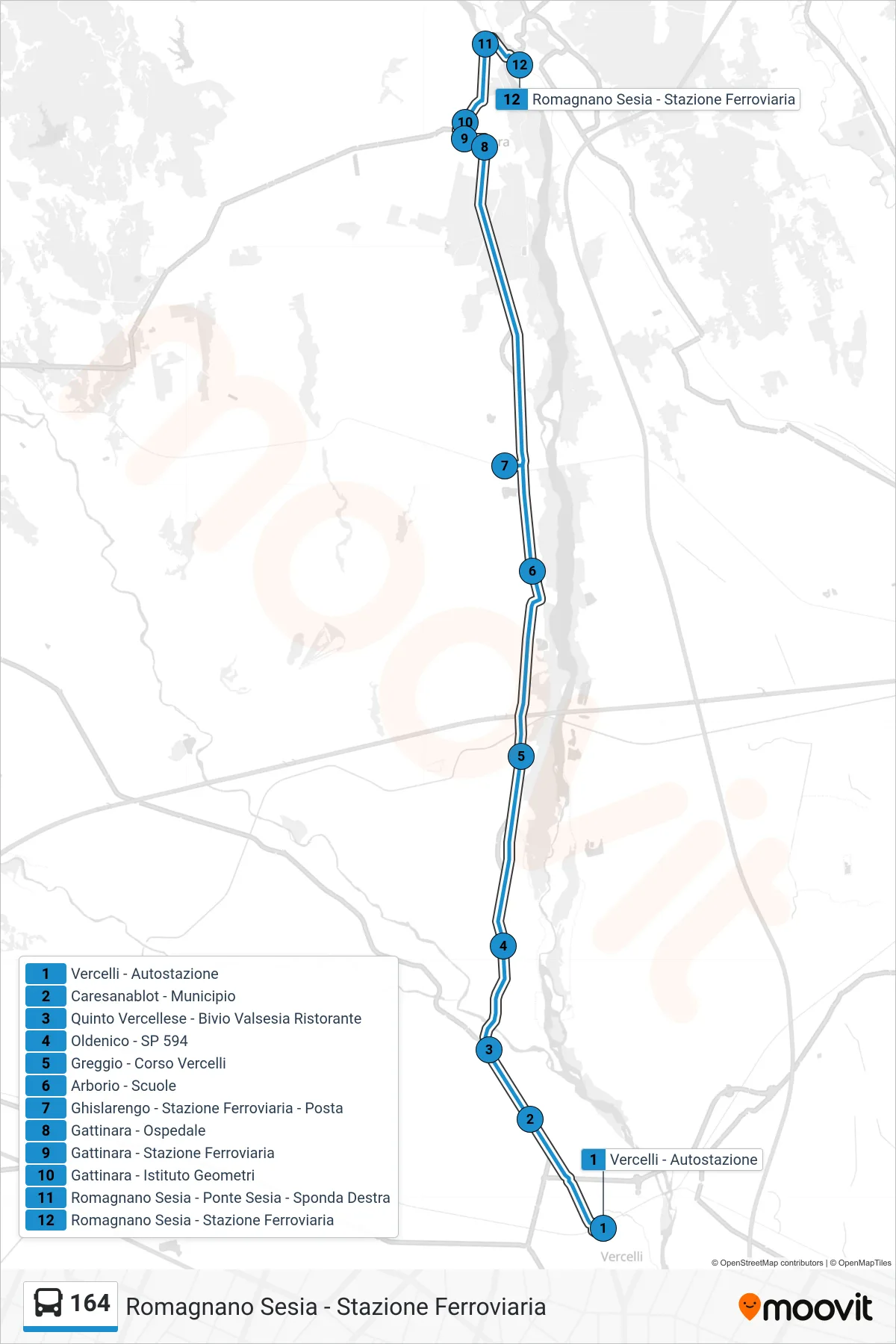 Linea 164 bus (Romagnano Sesia - Stazione Ferroviaria) - Percorsi e fermate sulla mappa