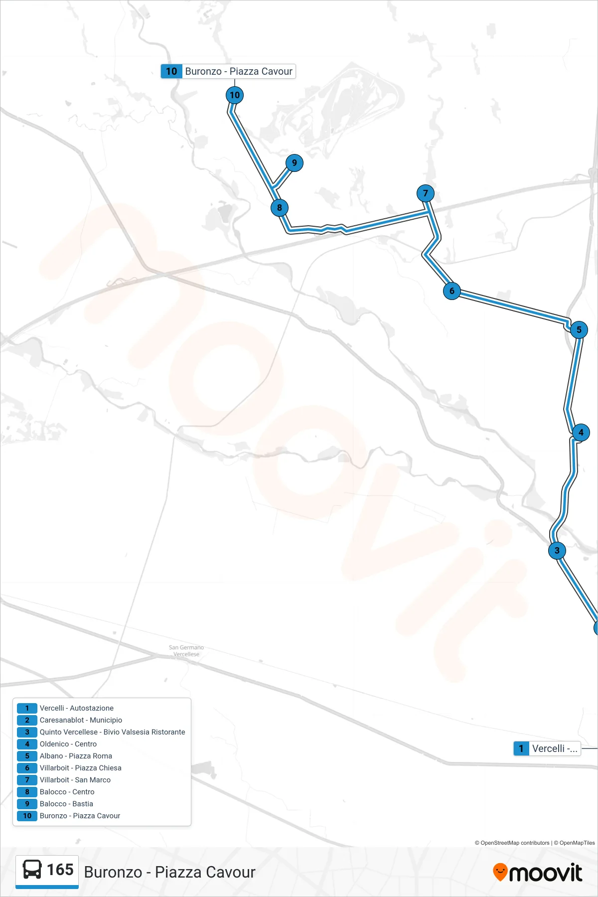 Linea 165 bus (Buronzo - Piazza Cavour) - Percorsi e fermate sulla mappa