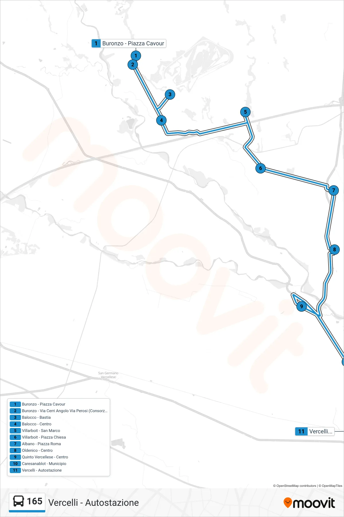 Linea 165  bus (Vercelli - Autostazione) - Percorsi e fermate sulla mappa