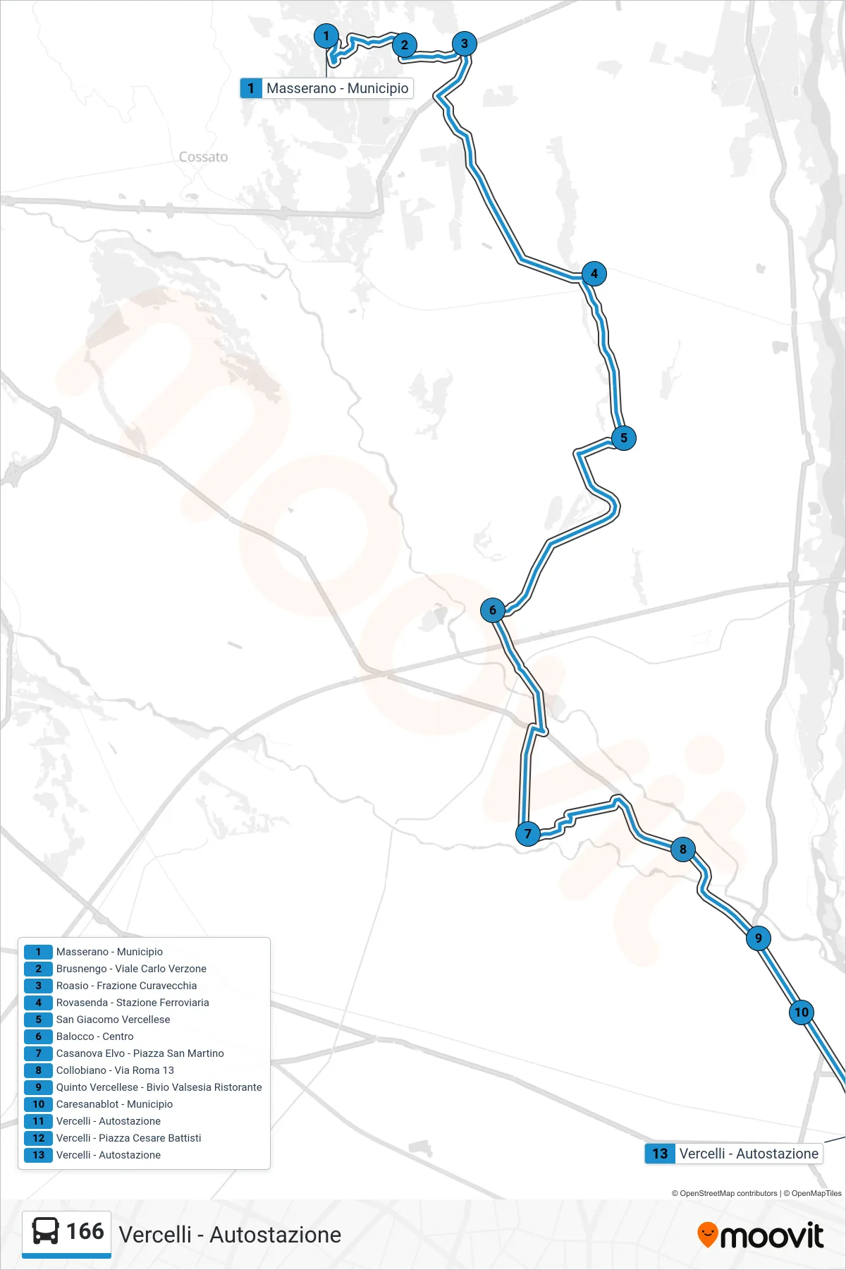 Linea 166 bus (Vercelli - Autostazione) - Percorsi e fermate sulla mappa